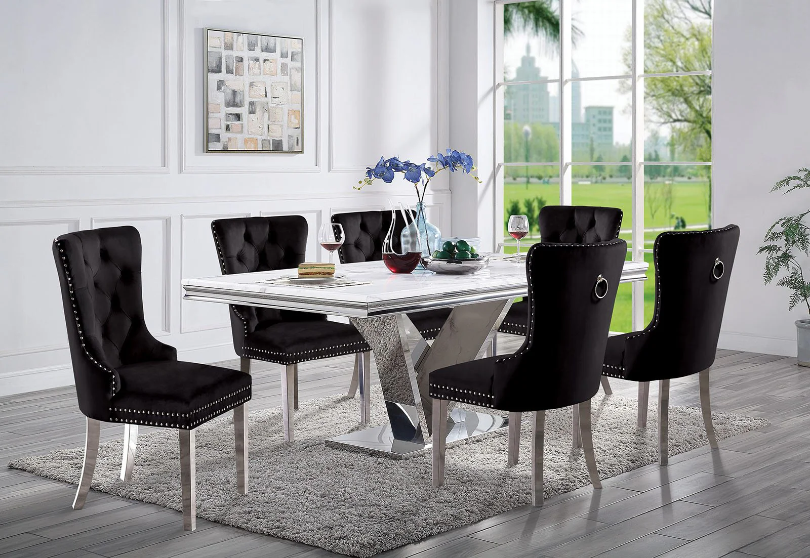 Valdevers 7 Pc. Dining Table Set, Black Chairs