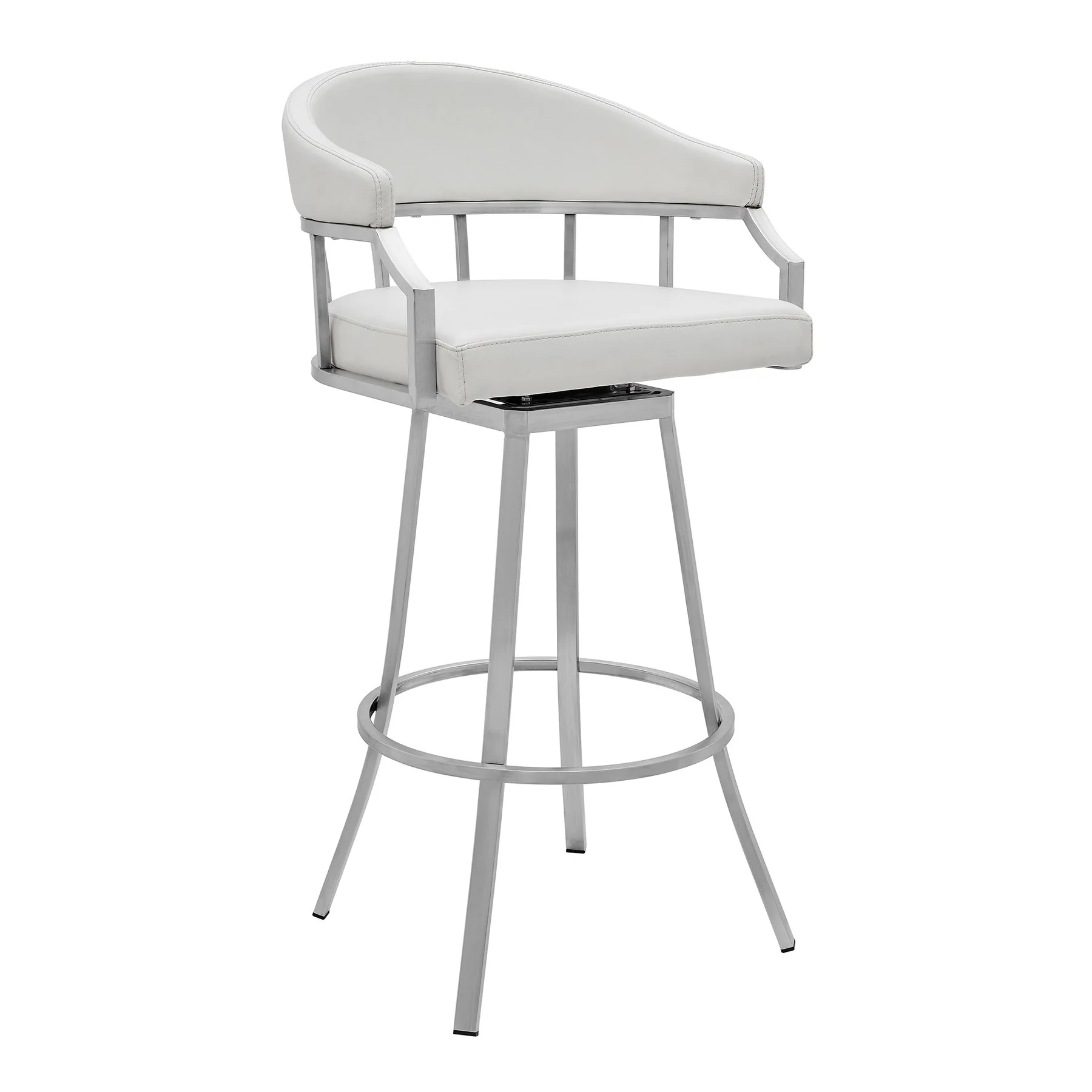 Valerie 26" Counter Height Swivel Modern White Faux Leather Bar and Counter Stool in Brushed Stainless Steel Finish