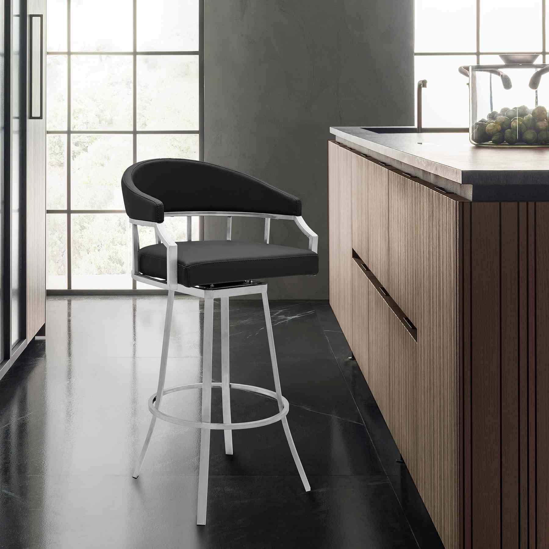 Valerie 30" Bar Height Swivel Modern Black Faux Leather Bar and Counter Stool in Brushed Stainless Steel Finish - Image 7