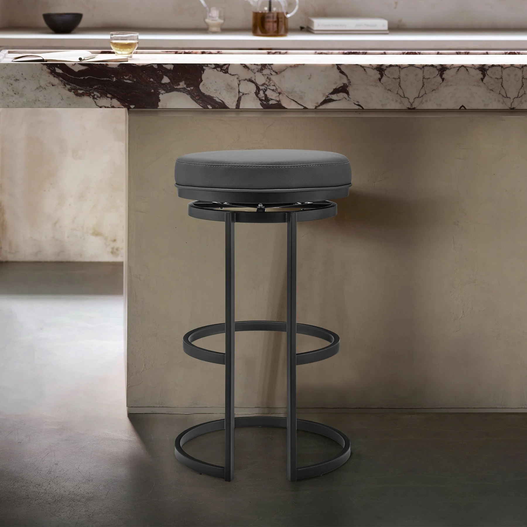 Vander 30" Gray Faux Leather and Black Metal Swivel Bar Stool - Image 7