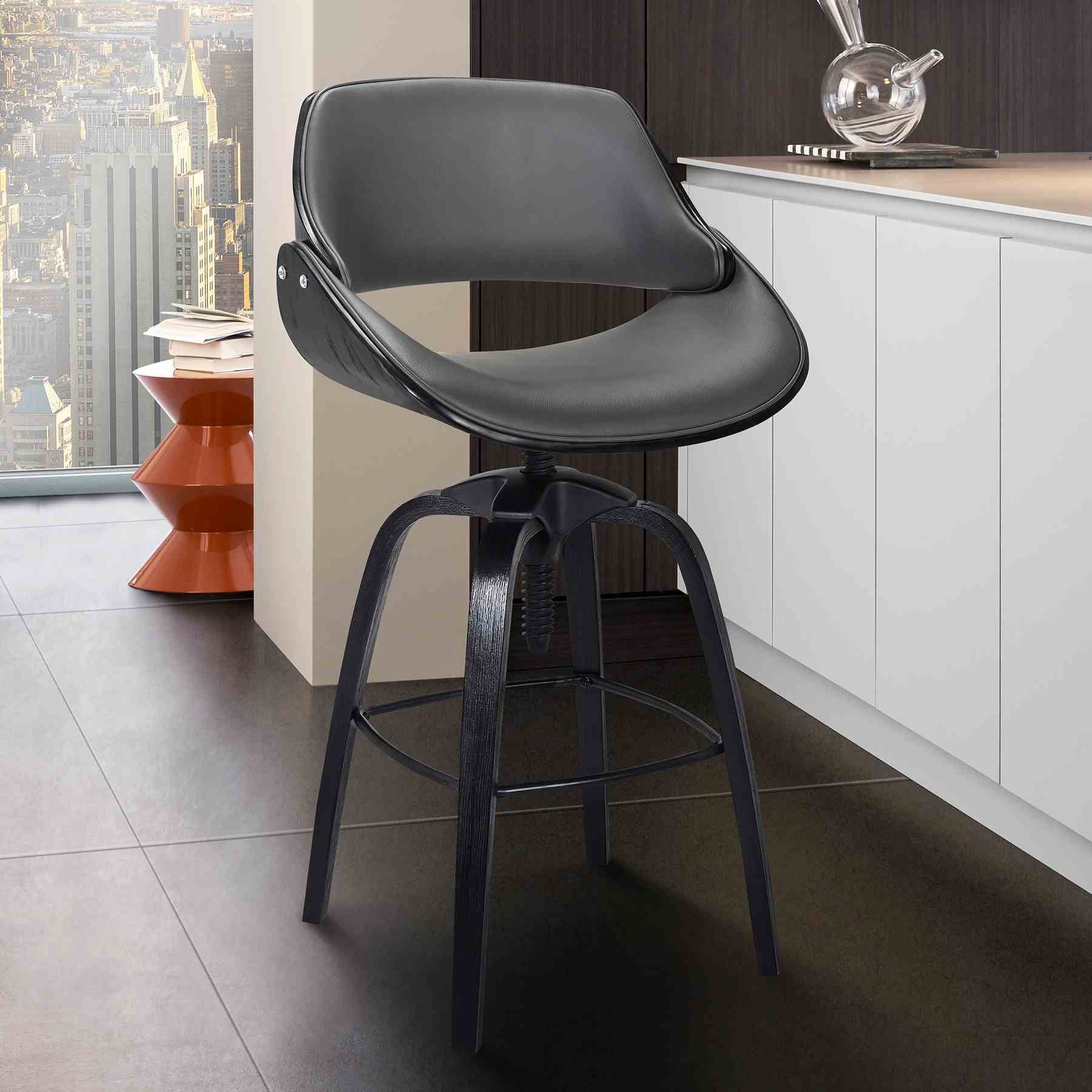 Vanessa Contemporary Adjustable Barstool in Black Brushed Wood Finish and Gray Faux Leather - Image 6
