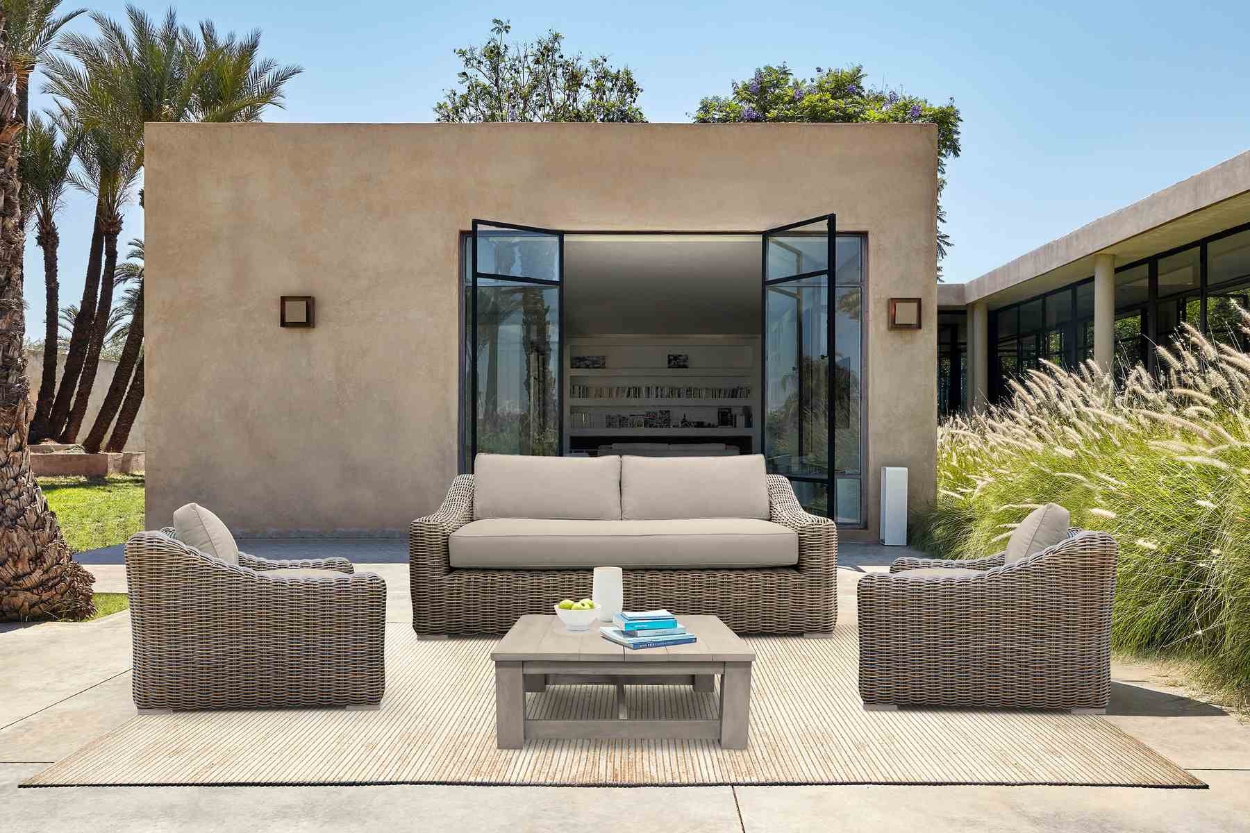 Verano 4 Piece Outdoor Patio Furniture Set in Wicker and Acacia Wood with Taupe Cushions - Image 12