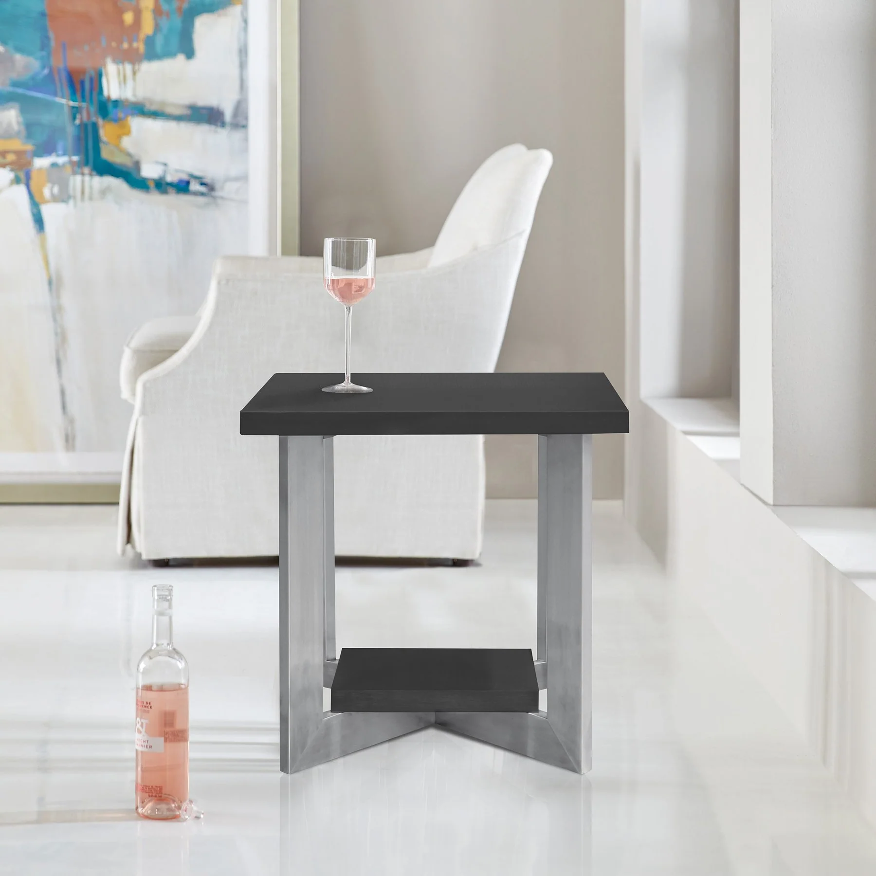 Vermont Contemporary End Table in Brushed Stainless Steel Finish and Gray Top - Image 2