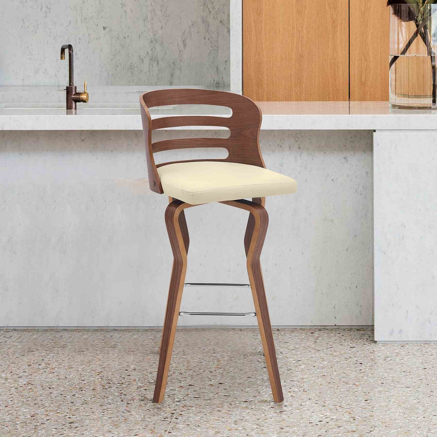 Verne 26" Swivel Cream Faux Leather and Walnut Wood Bar Stool - Image 8