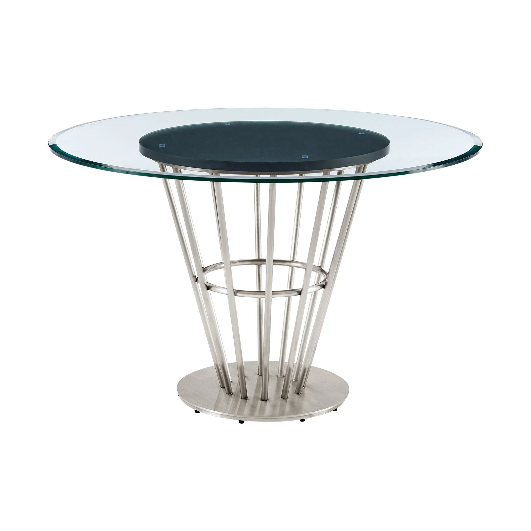 Veronica 48" Round Dining Table in Brushed Stainless Steel Base with Walnut Panel and Glass Tabletop