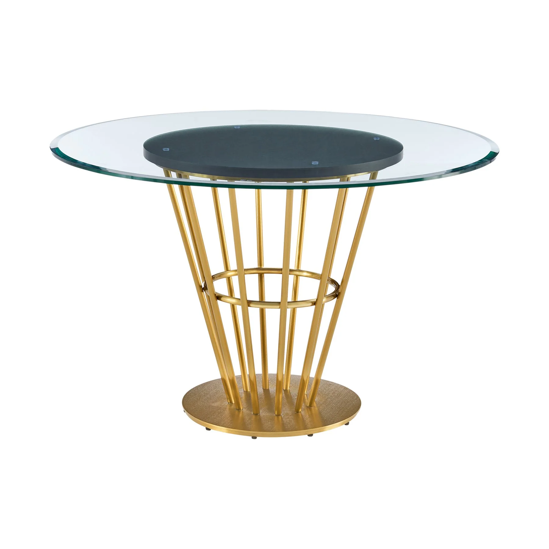 Veronica 48" Round Dining Table in Gold Stainless Steel Base with Walnut Panel and Glass Tabletop