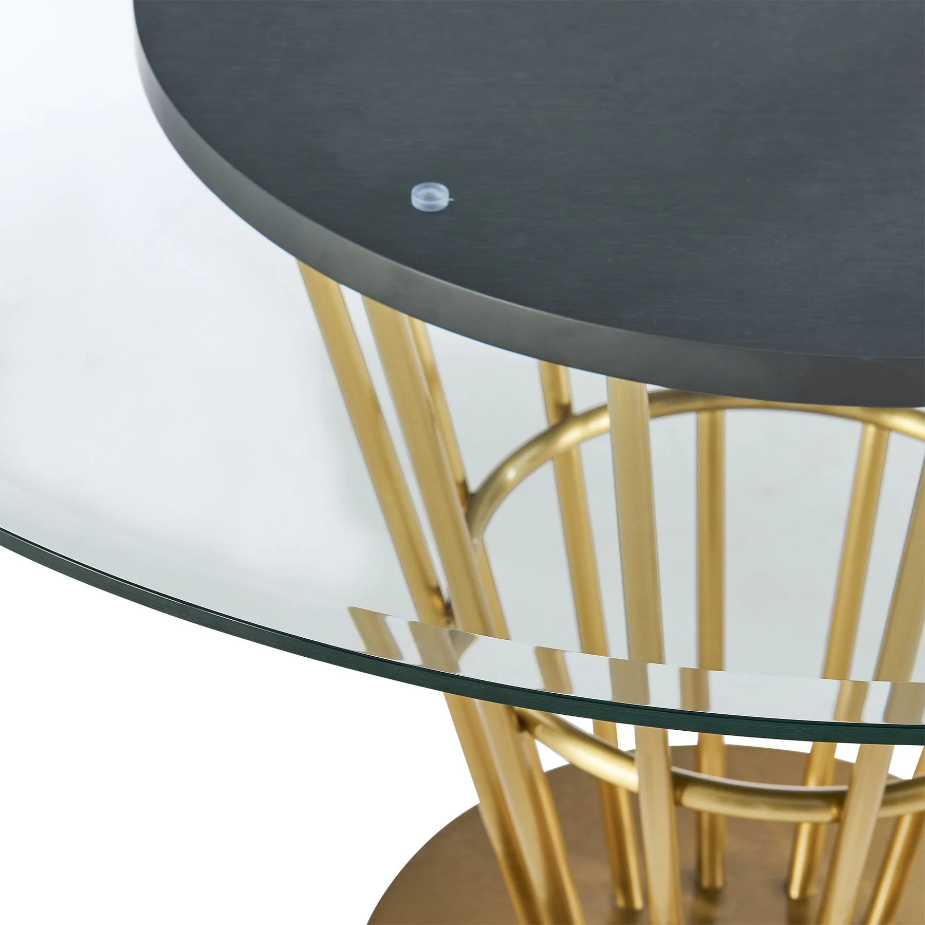 Veronica 48" Round Dining Table in Gold Stainless Steel Base with Walnut Panel and Glass Tabletop - Image 5