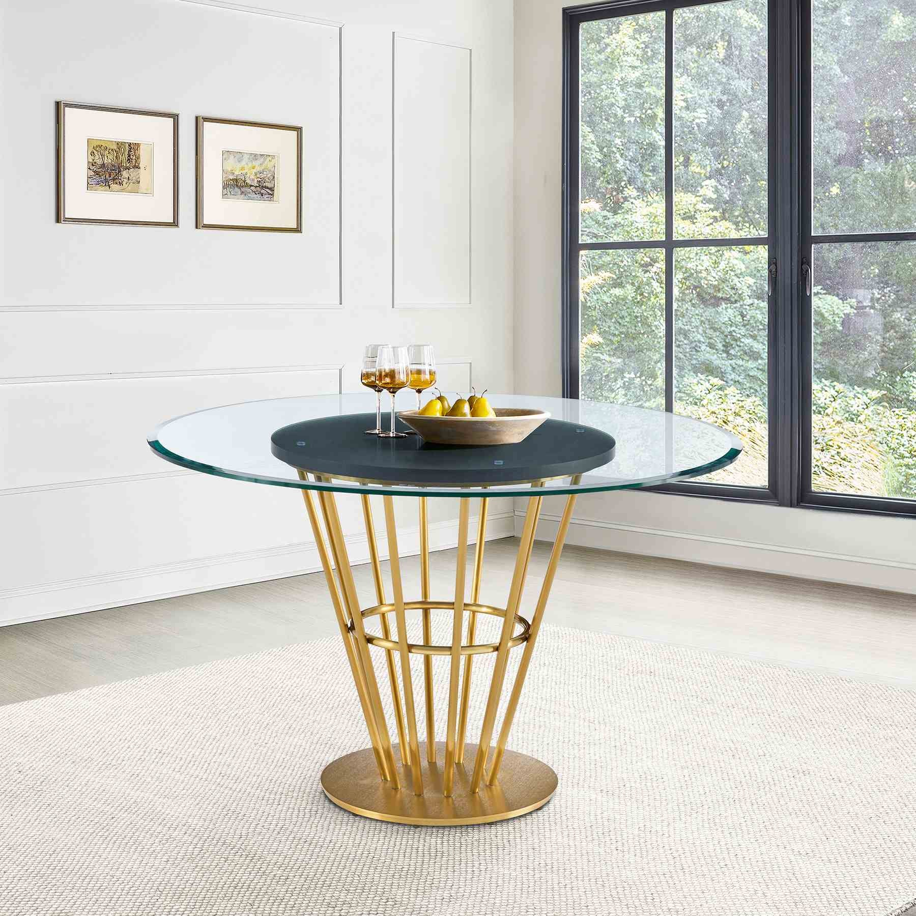 Veronica 48" Round Dining Table in Gold Stainless Steel Base with Walnut Panel and Glass Tabletop - Image 8