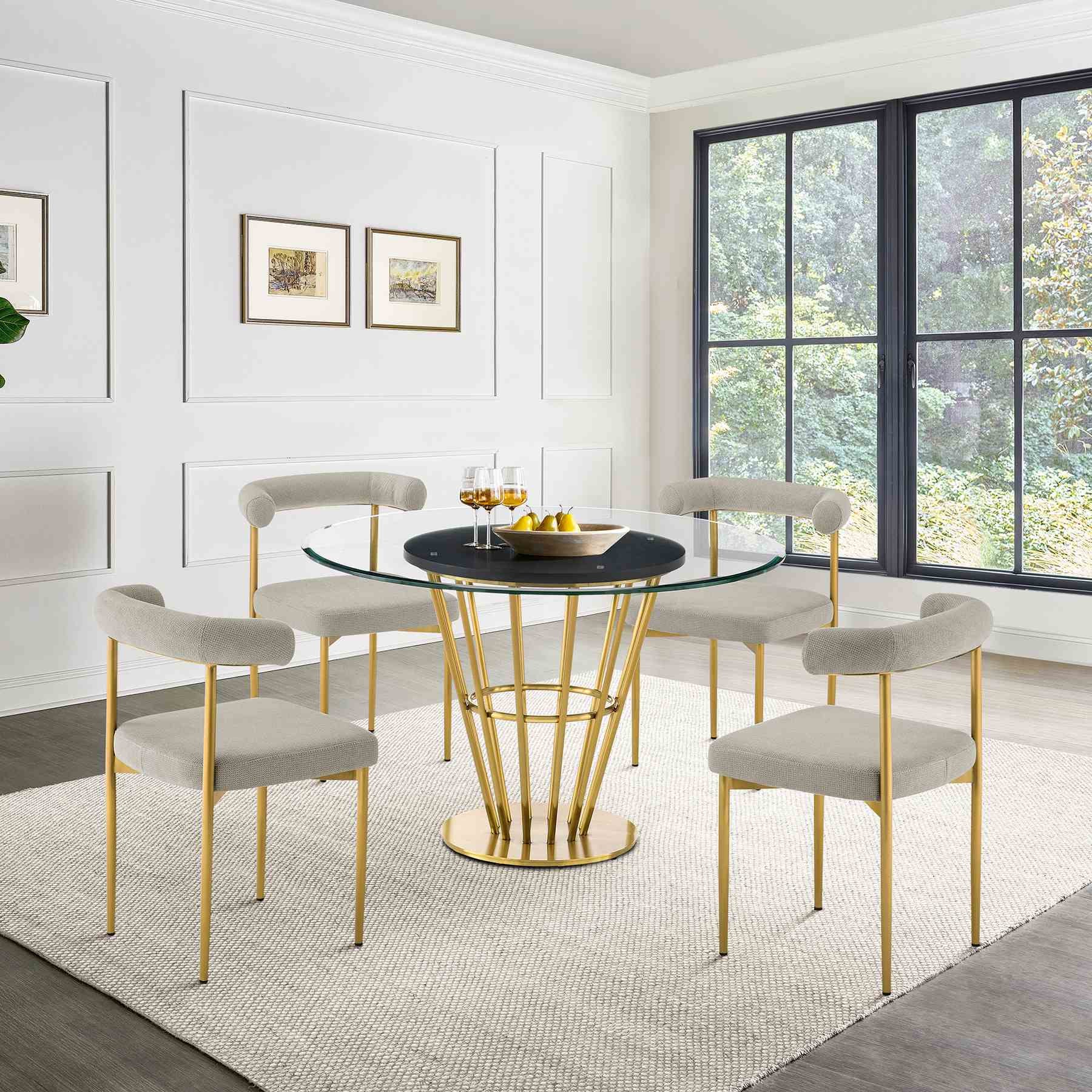 Veronica 48" Round Dining Table in Gold Stainless Steel Base with Walnut Panel and Glass Tabletop - Image 9