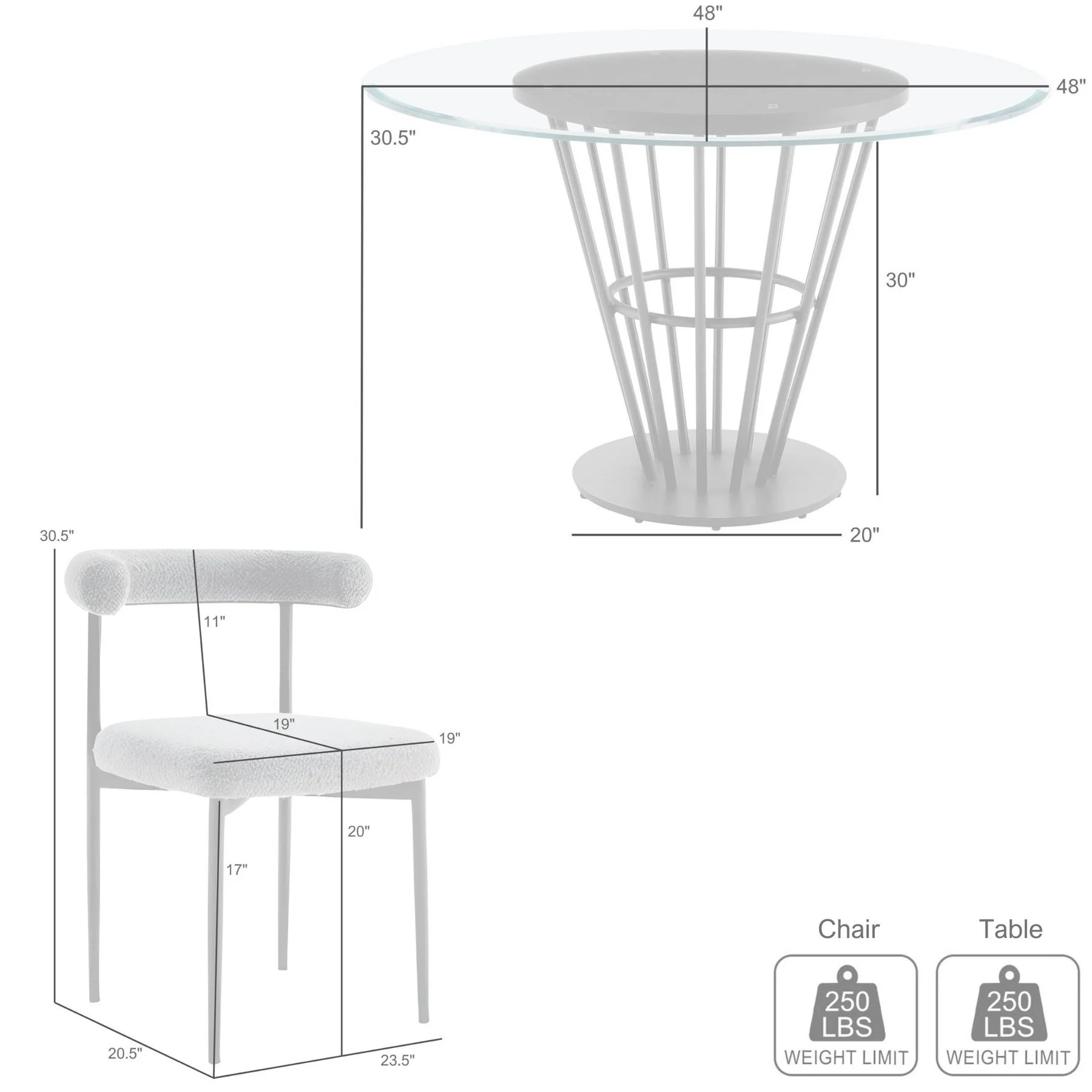 Veronica Shannon 5 Piece Round Glass Dining Table Set with Brushed Stainless Steel and Charcoal Fabric - Image 9