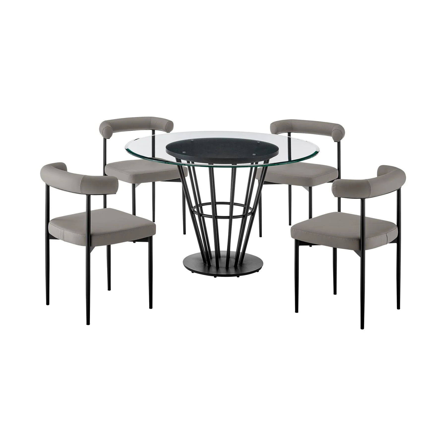 Veronica Shannon 5 Piece Round Glass Dining Table Set with Matte Black Iron and Gray Faux Leather