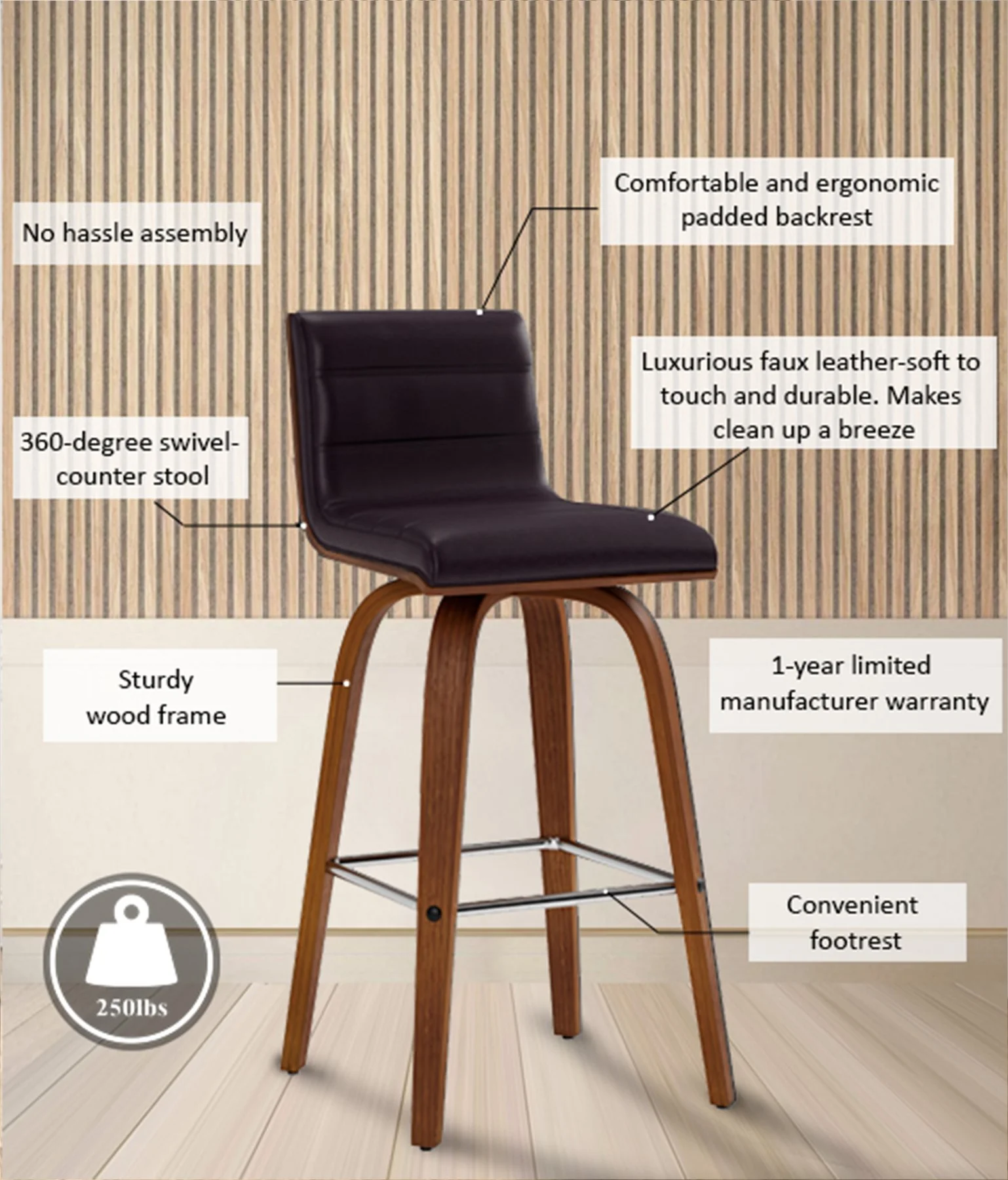 Vienna 26" Swivel Counter Stool in Walnut Wood Finish with Brown Faux Leather - Image 13