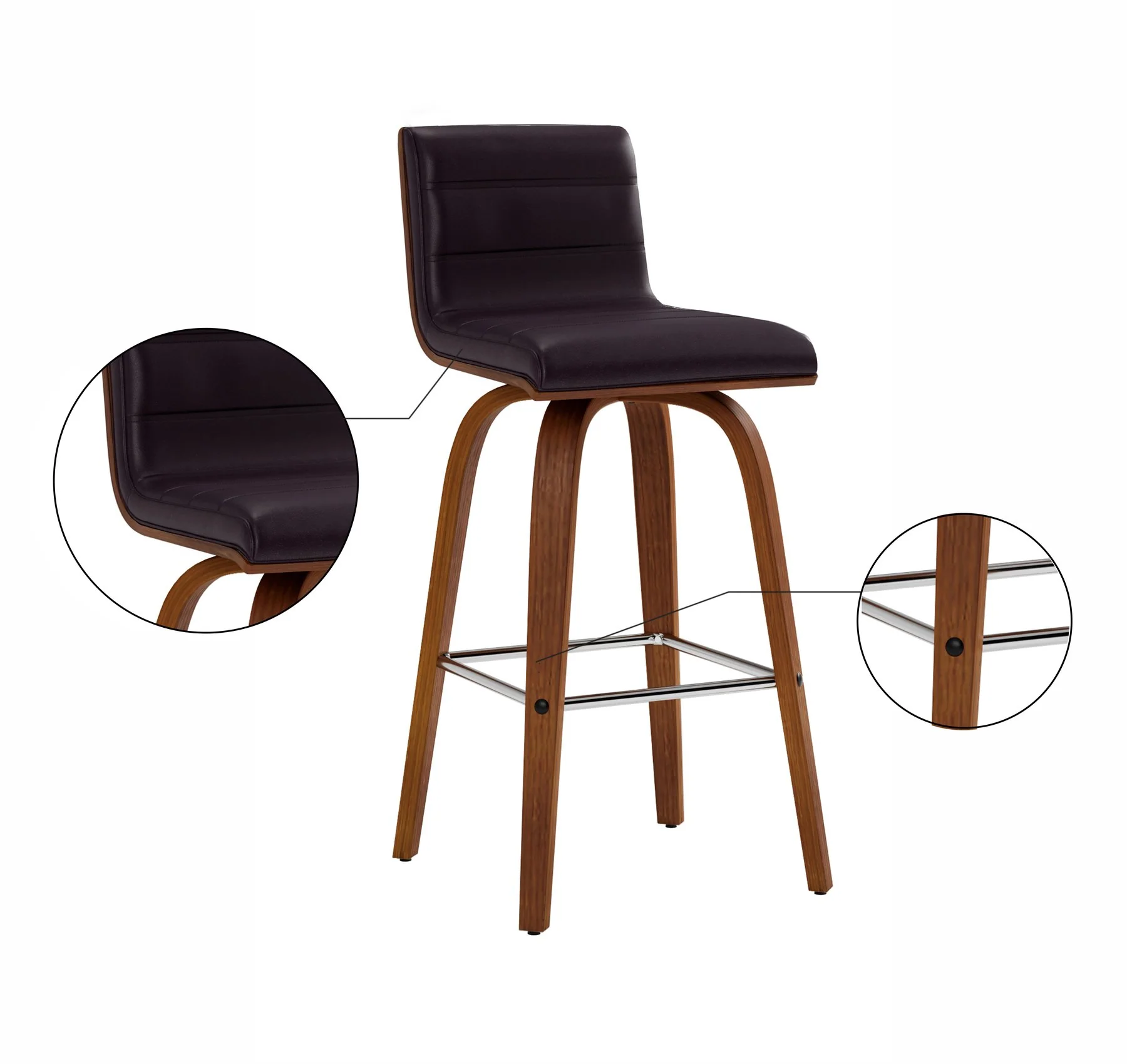 Vienna 26" Swivel Counter Stool in Walnut Wood Finish with Brown Faux Leather - Image 9