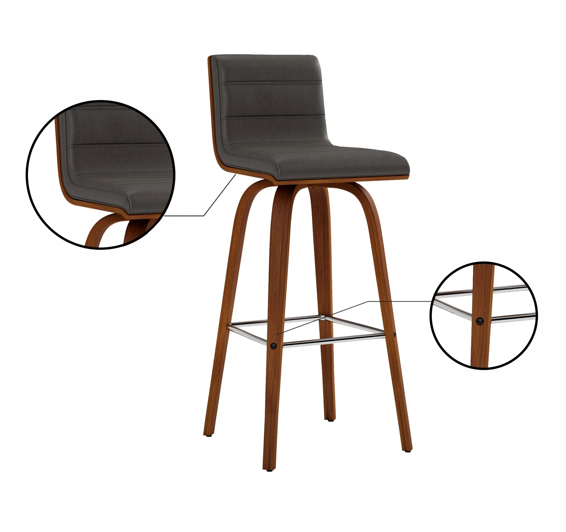 Vienna 30" Swivel Bar Stool in Walnut Wood Finish with Gray Faux Leather - Image 9