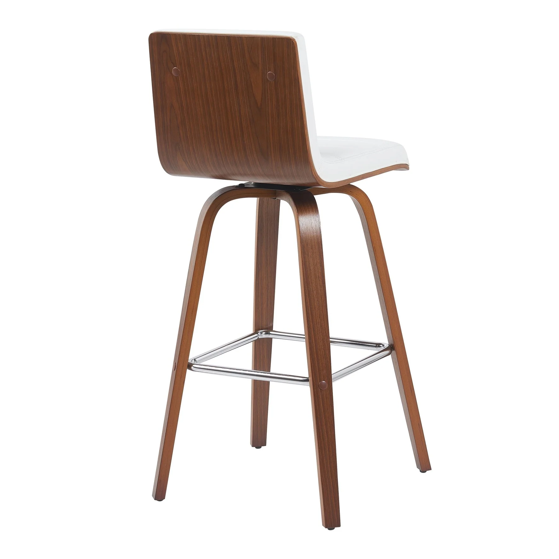 Vienna Modern Swivel Bar Height Stool with Snow White Faux Leather Seat and Walnut Finished Wood Frame - Image 3