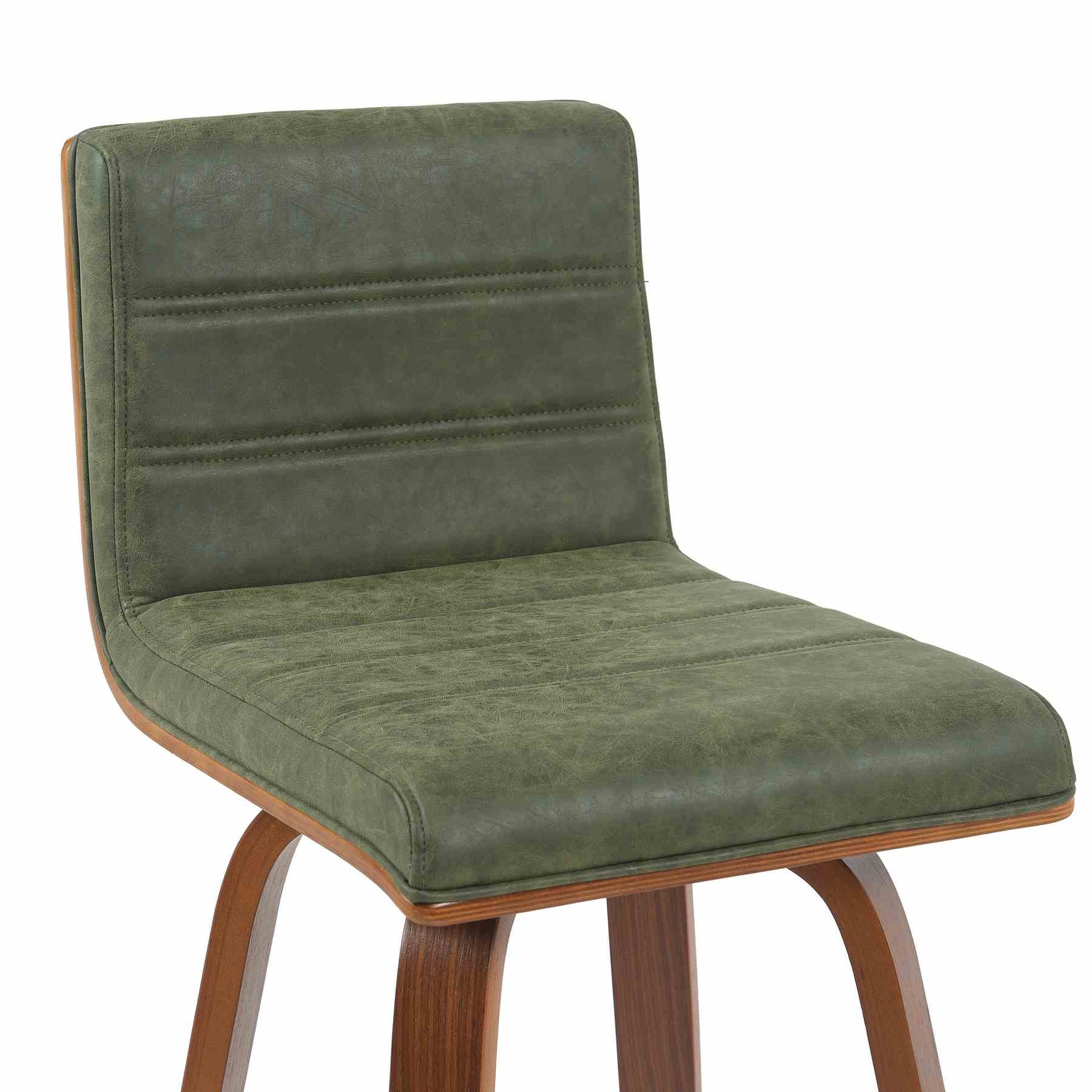 Vienna Modern Swivel Bar Height Stool with Vintage Green Upholstered Seat and Walnut Finished Wood Frame - Image 4