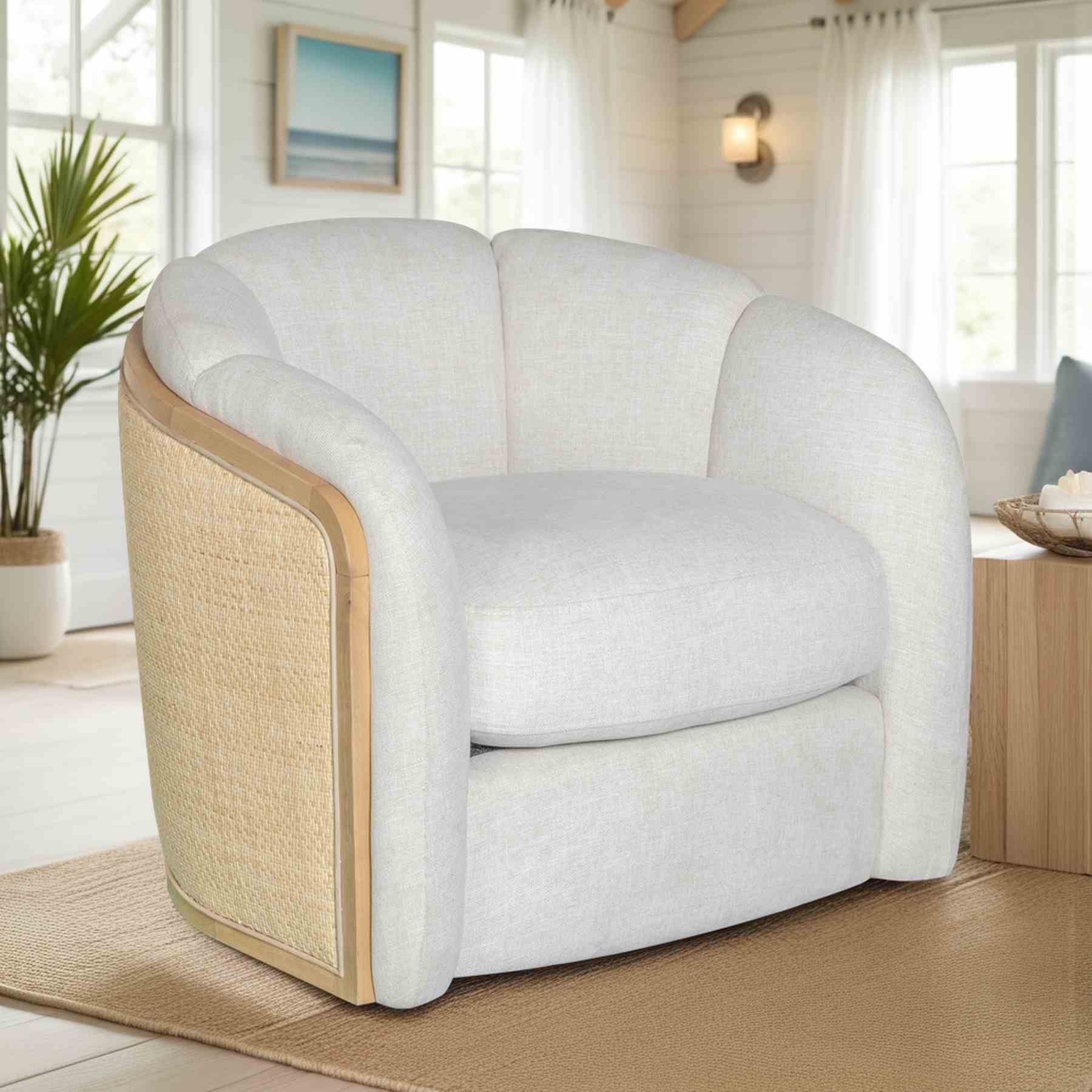 Violet Accent Chair in Soft Oat Fabric with Natural Wood Finish and Rattan Back - Image 8