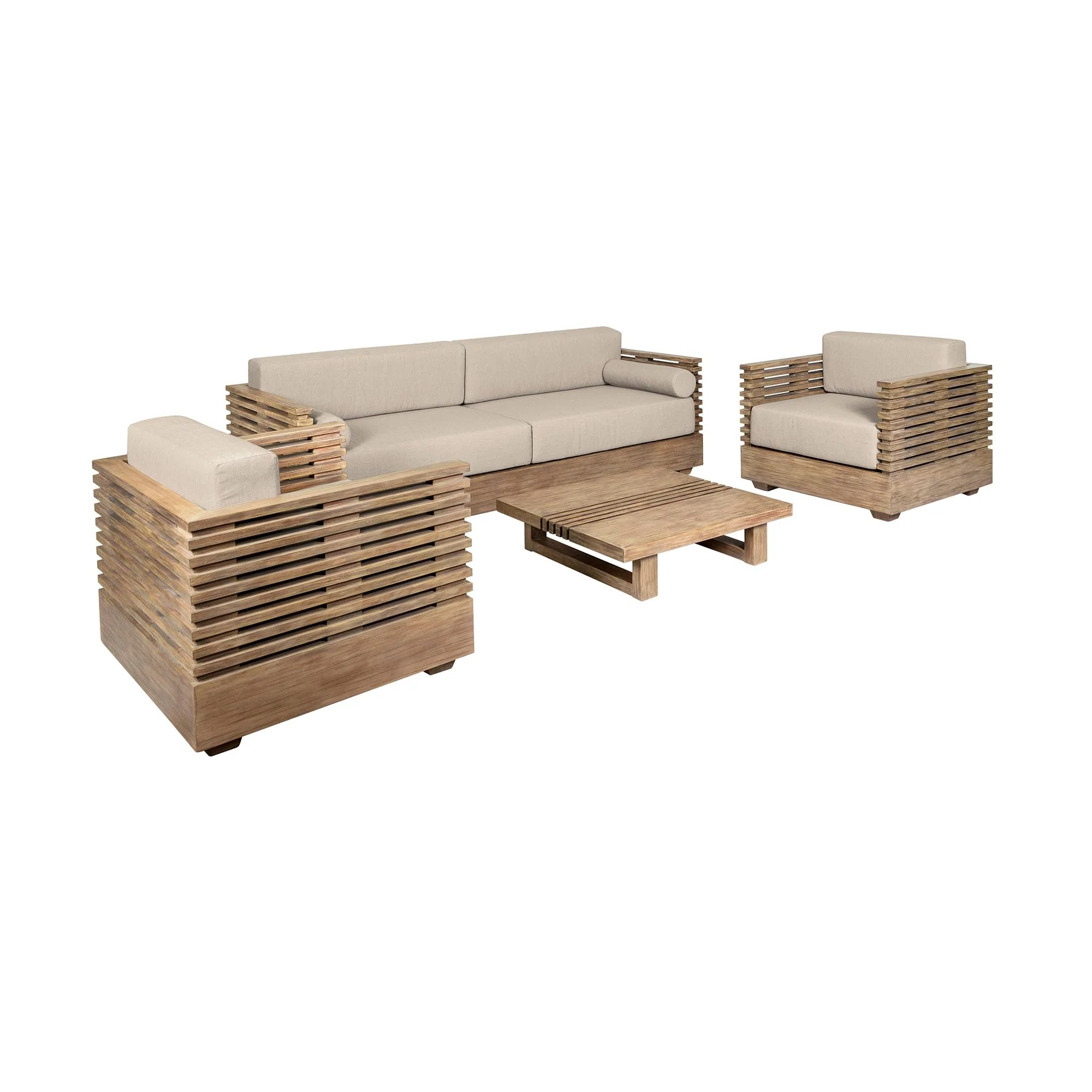 Vivid Outdoor Patio 4 Piece Conversation Set in Light Eucalyptus Wood with Taupe Olefin Cushions - Image 2