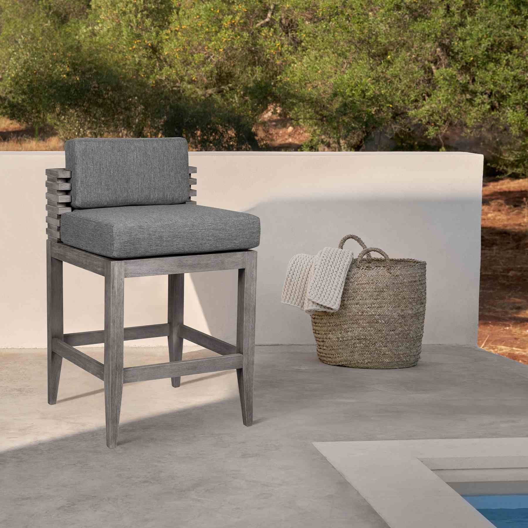 Vivid Outdoor Patio Counter Stool in Gray Eucalyptus Wood with Gray Olefin Cushions - Image 11