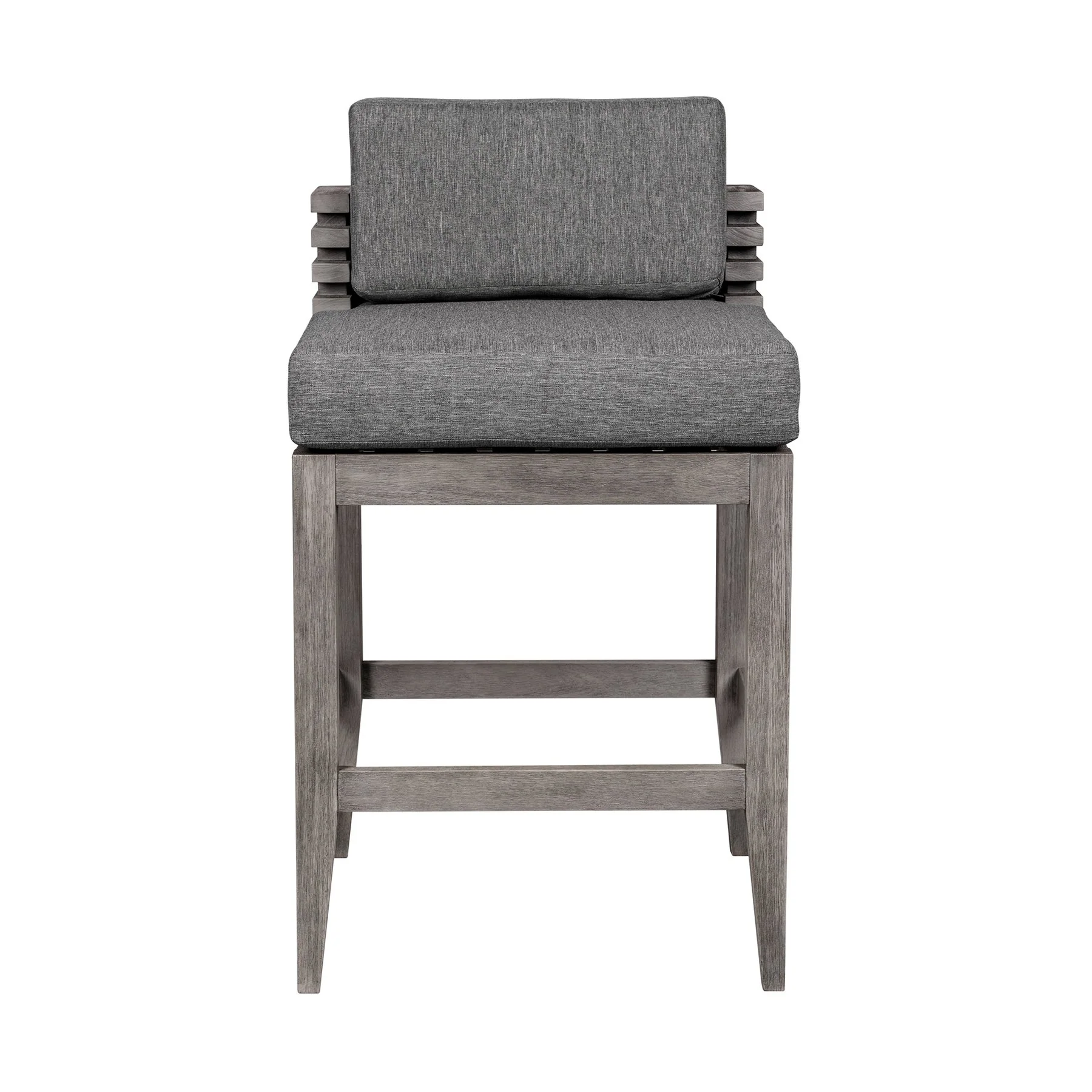 Vivid Outdoor Patio Counter Stool in Gray Eucalyptus Wood with Gray Olefin Cushions - Image 2