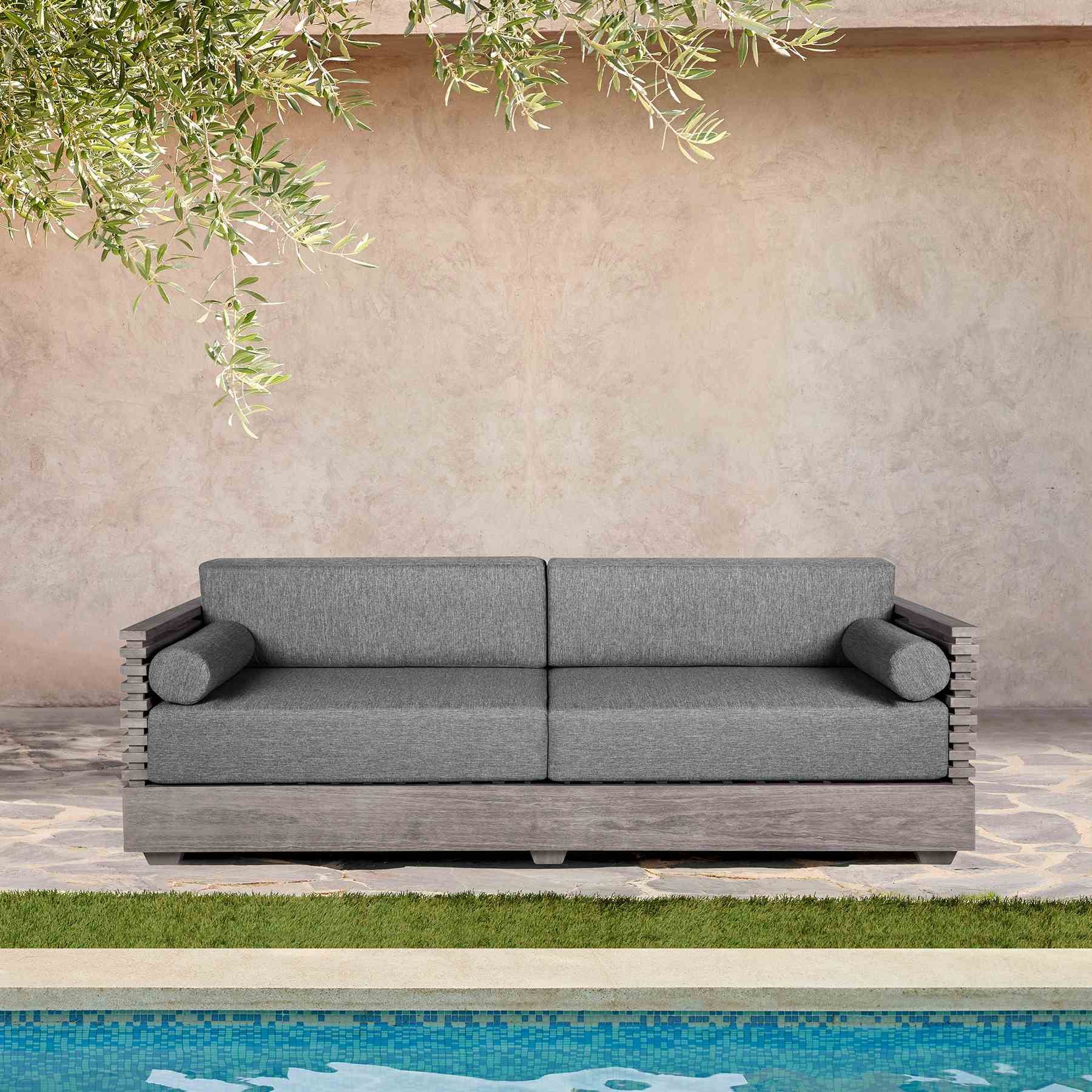 Vivid Outdoor Patio Sofa in Gray Eucalyptus Wood with Gray Olefin Cushions - Image 10