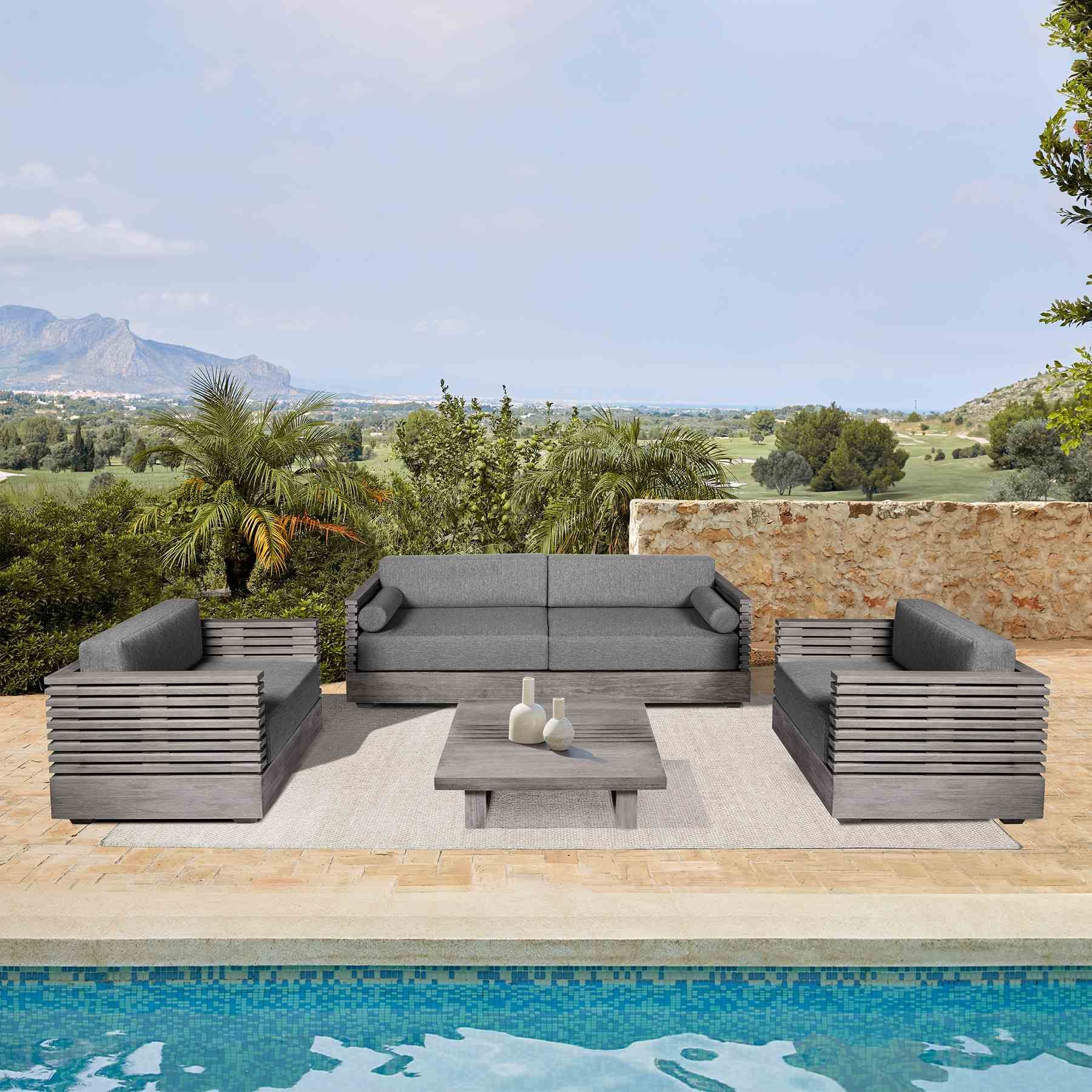Vivid Outdoor Patio Sofa in Gray Eucalyptus Wood with Gray Olefin Cushions - Image 11