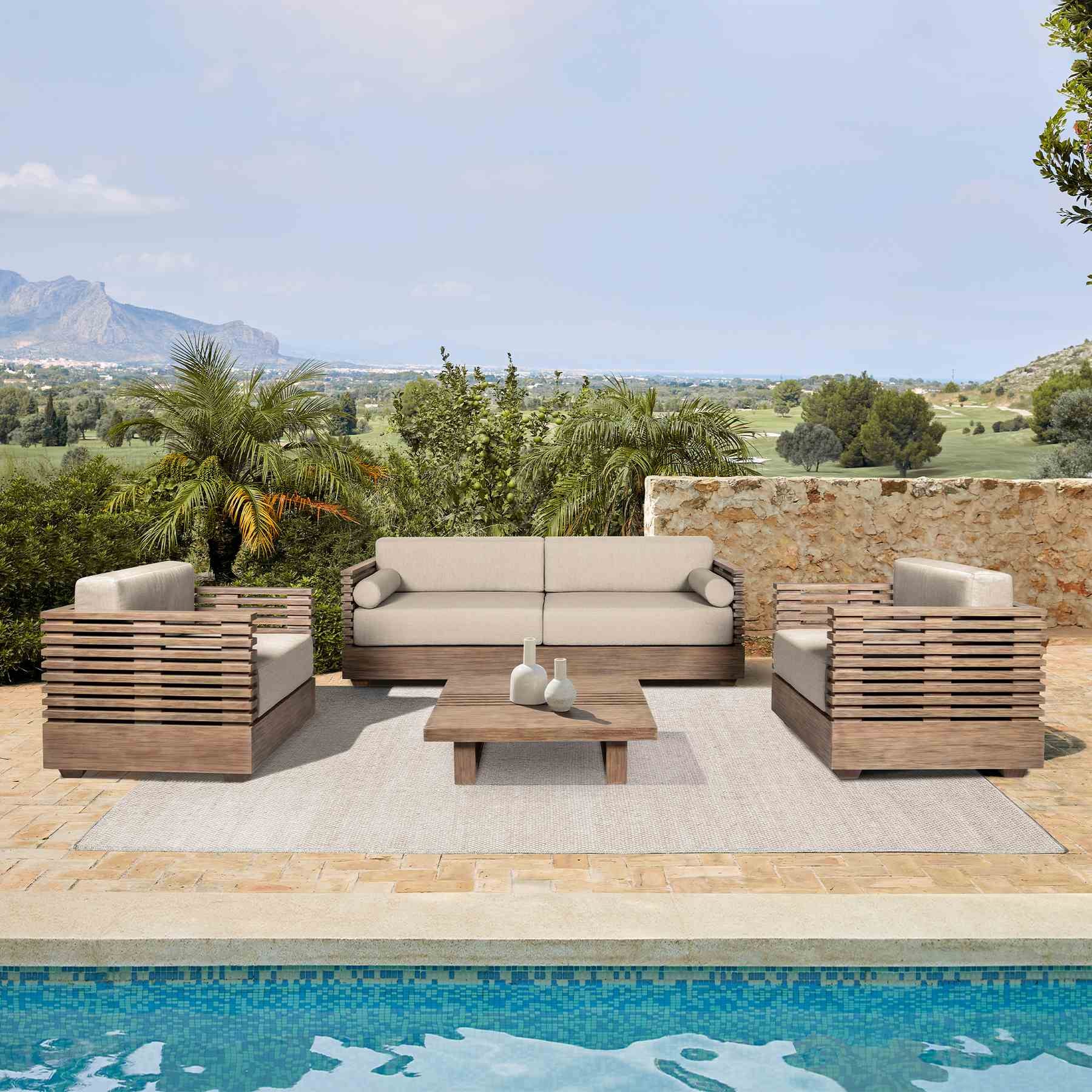 Vivid Outdoor Patio Sofa in Light Eucalyptus Wood with Taupe Olefin Cushions - Image 11