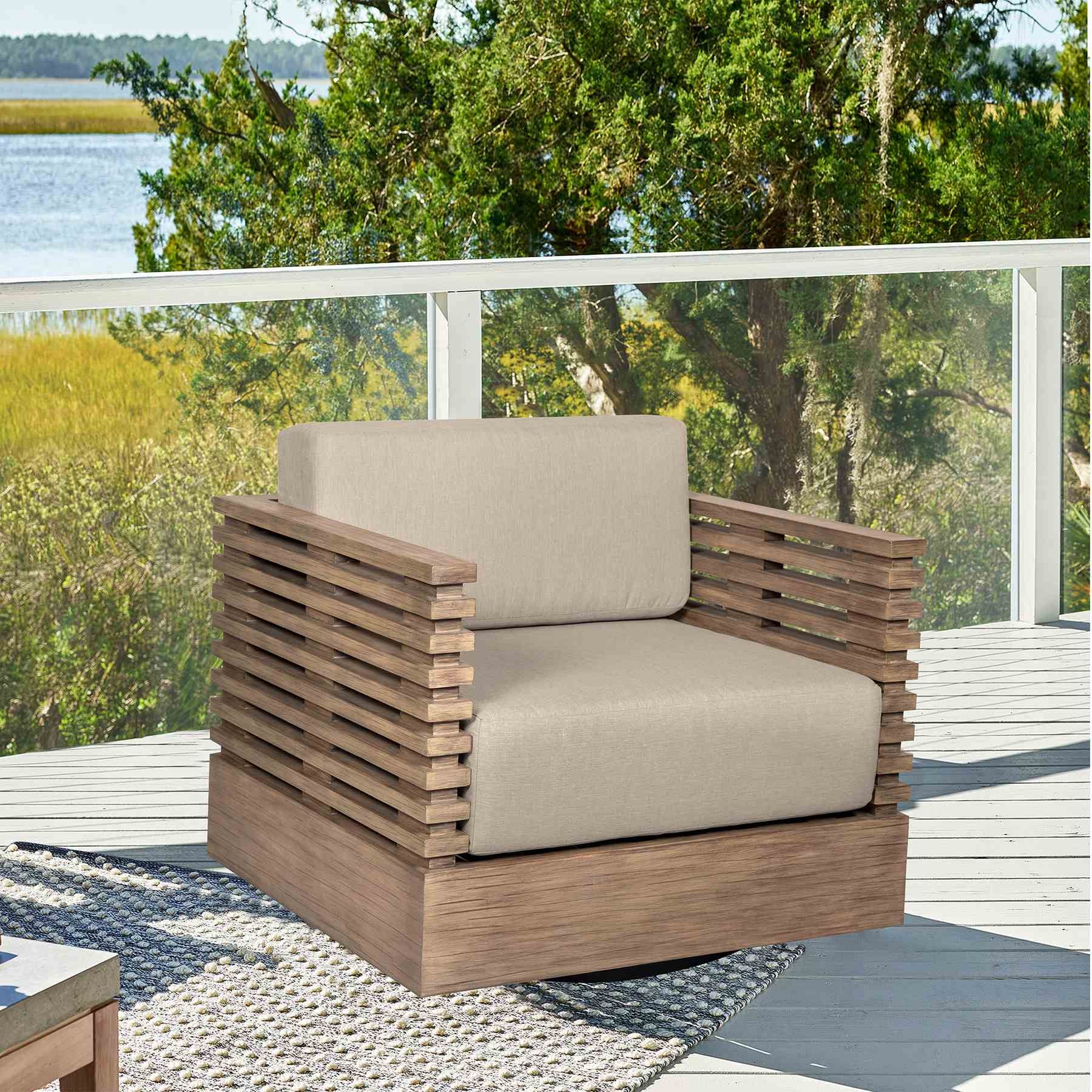 Vivid Swivel Outdoor Patio Chair in Light Eucalyptus Wood with Taupe Olefin Cushions - Image 10