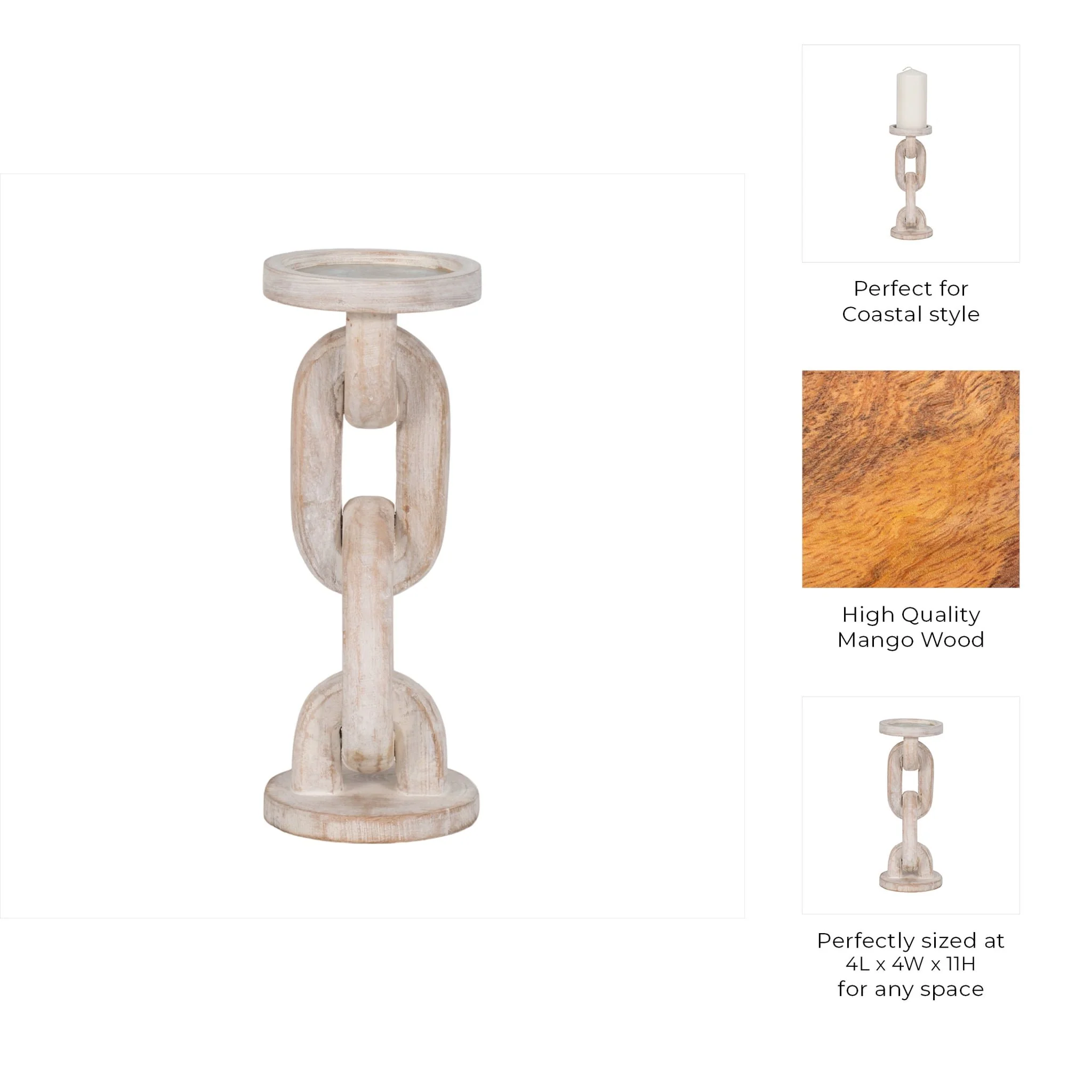 Wood, 11" Chain Pillar Candle Holder, White - Image 10