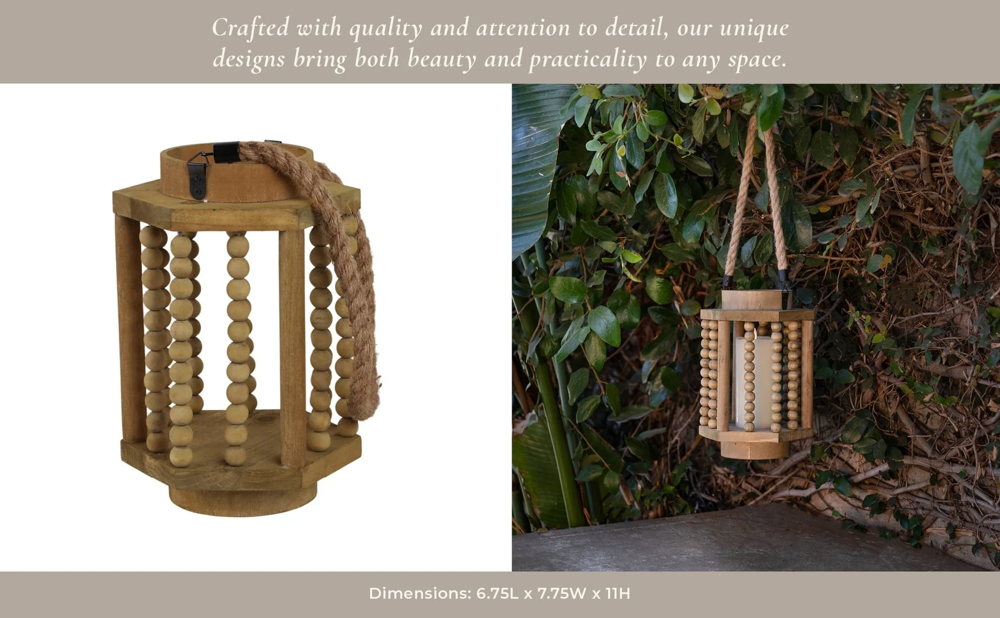 Wood 11" Lantern With Rope Handle, Brown - Image 11