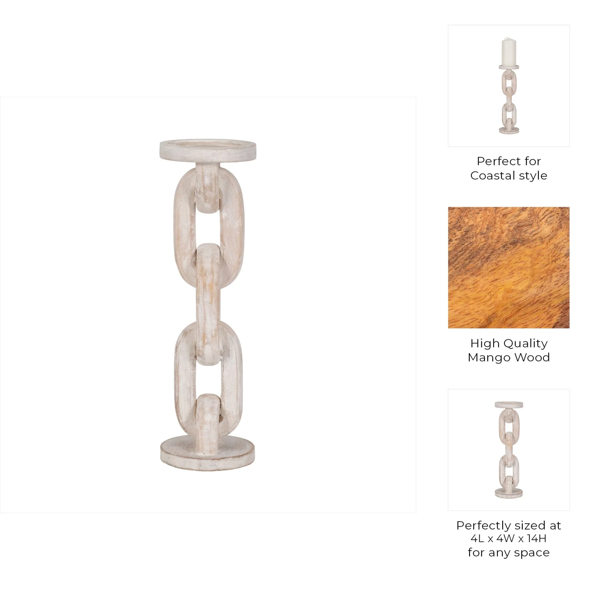 Wood, 14" Chain Pillar Candle Holder, White - Image 10