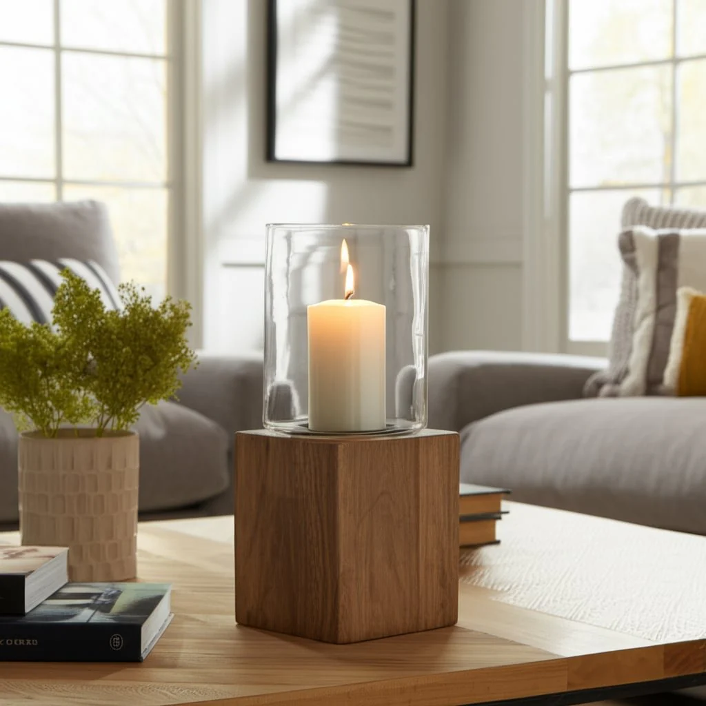 Wood, 15" Square Base Pillar Hurricane, Natural - Image 10