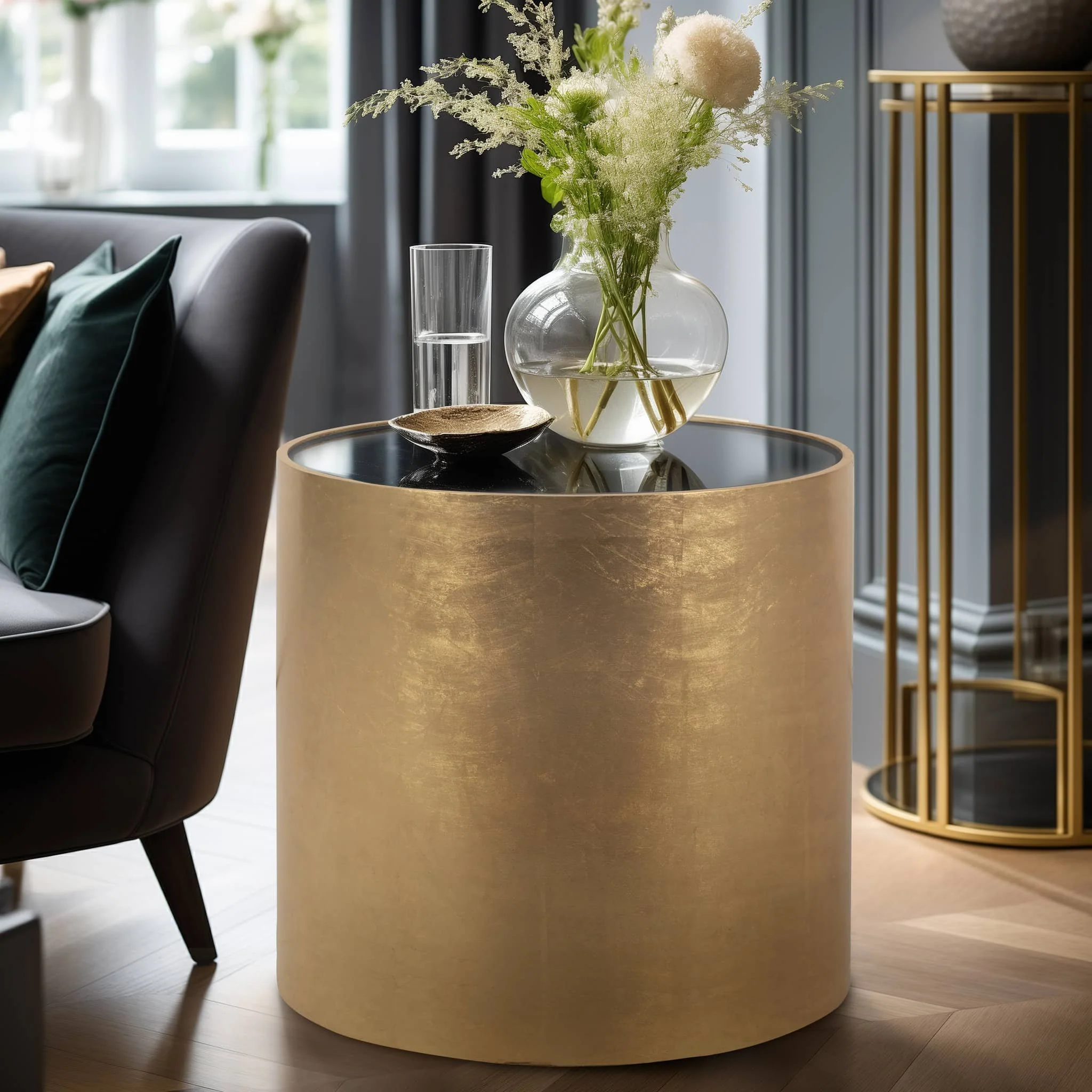 Wood, 24" Gold, Black Glass Side Table - Image 9