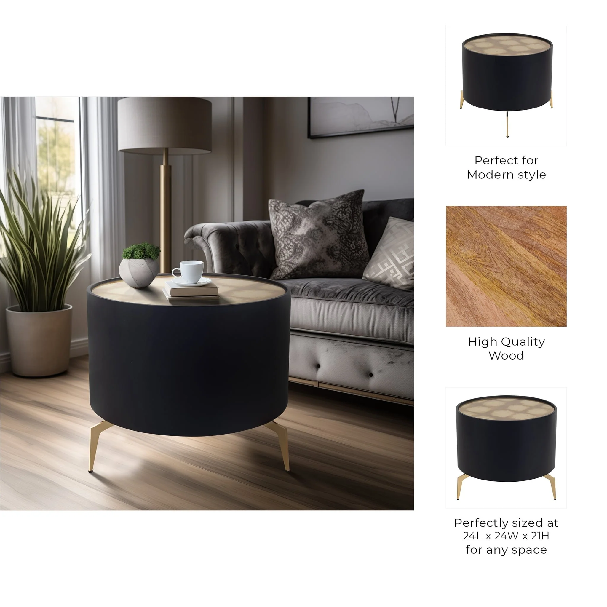 Wood,24" Gold Leaf Top Side Table, Blk/gld - Image 8
