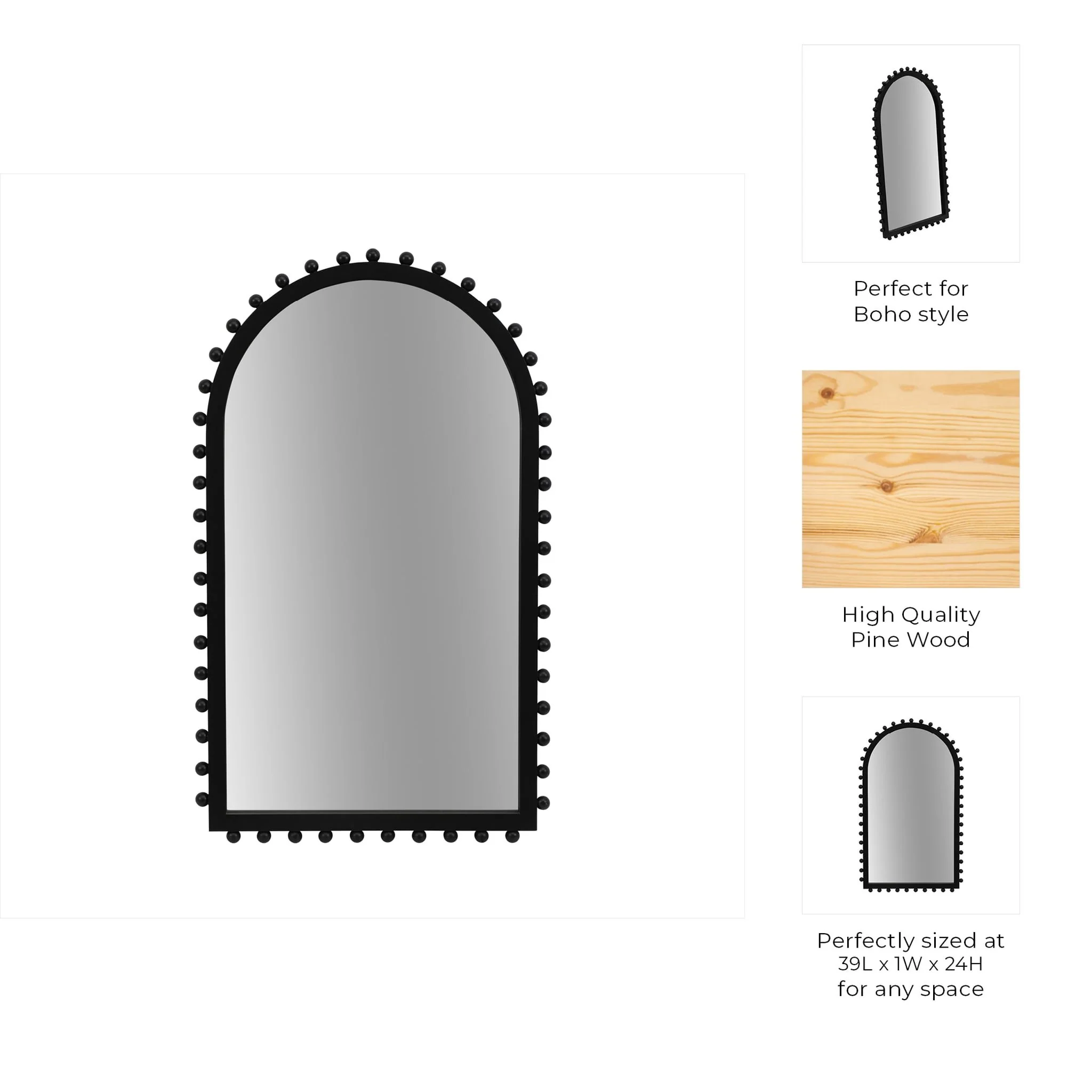 Wood, 24x39 Beaded Arch Mirror, Black - Image 7