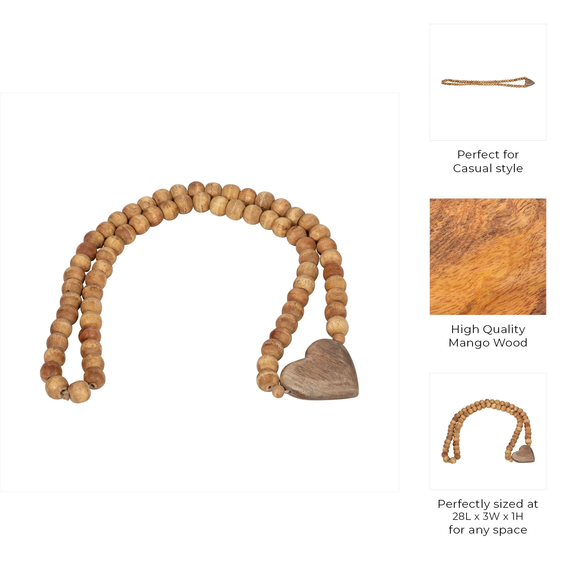 Wood, 26" Beaded Garland With Heart, Natural - Image 7