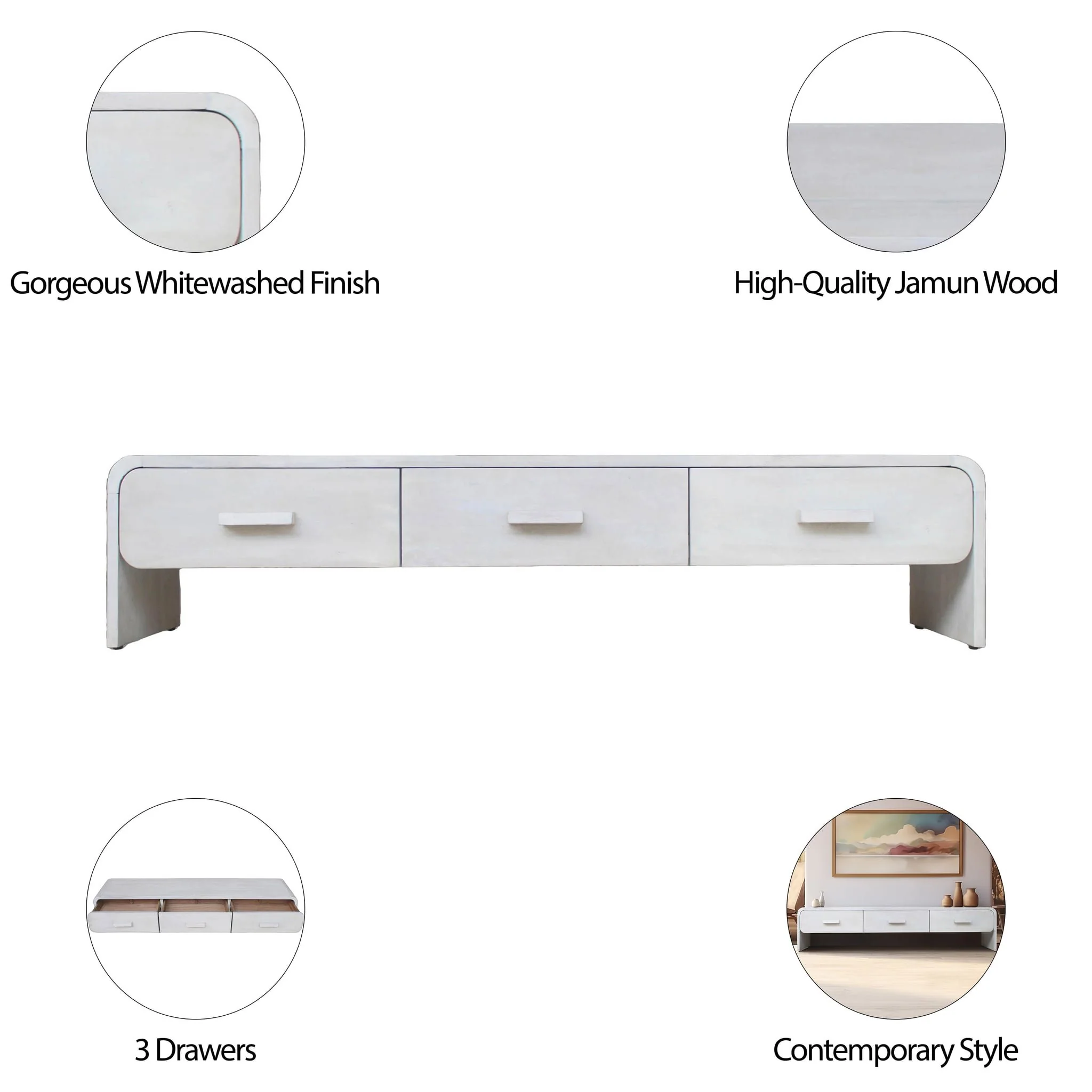 Wood, 71"l Media Stand W/ 3 Drawers, Whitewash - Image 4