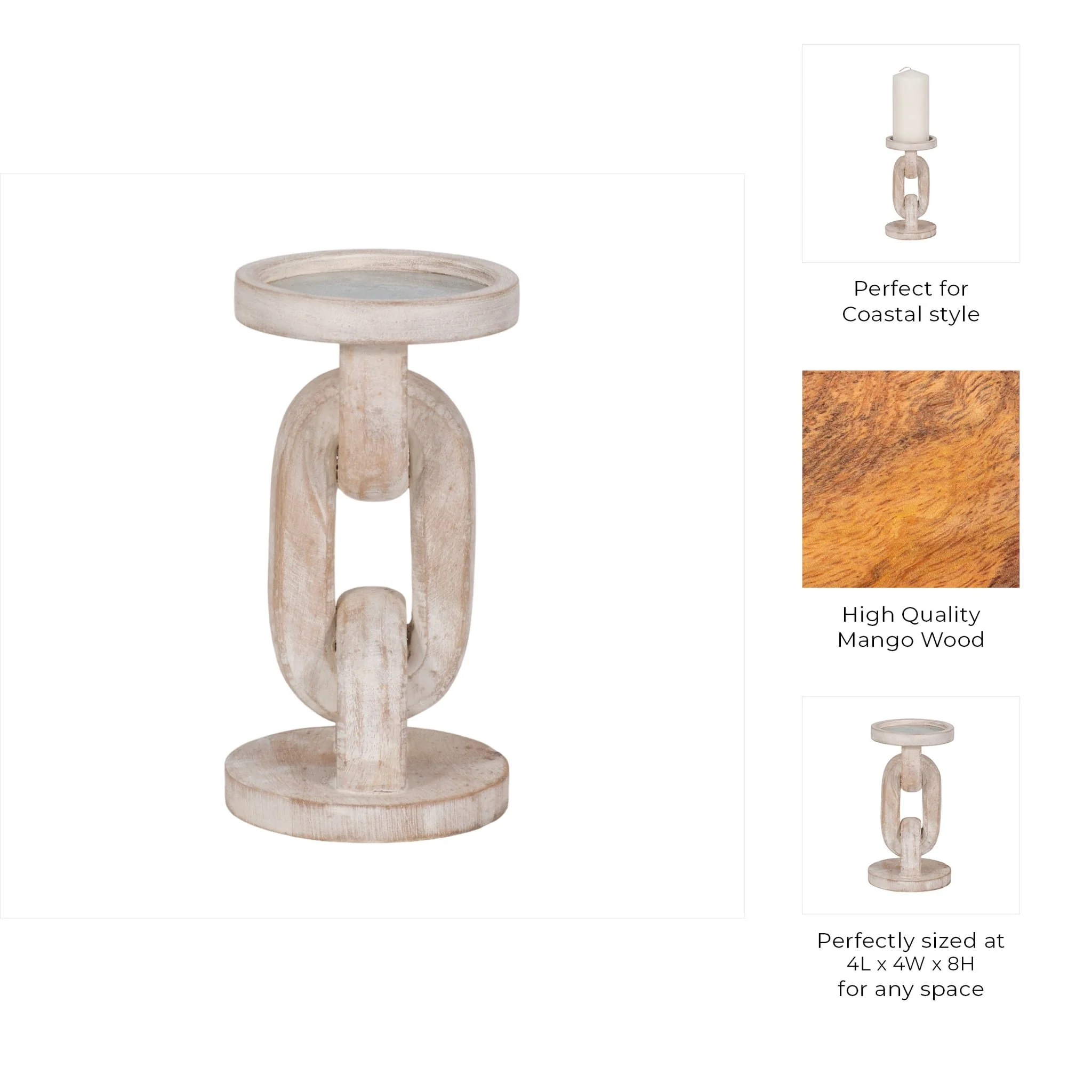 Wood, 8" Chain Pillar Candle Holder, White - Image 10
