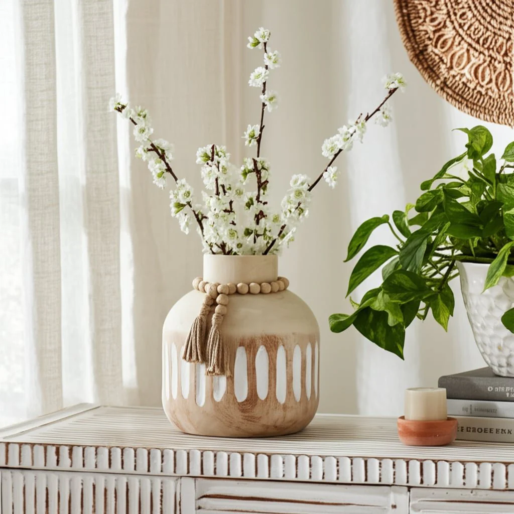 Wood, 8" Round Ridged Vase W/ Tassels, Natural - Image 11
