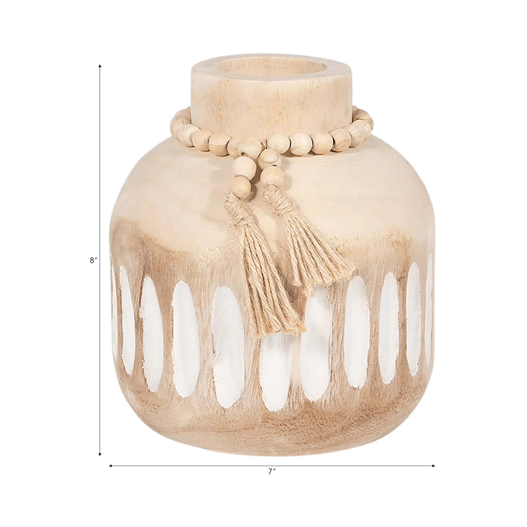 Wood, 8" Round Ridged Vase W/ Tassels, Natural - Image 8
