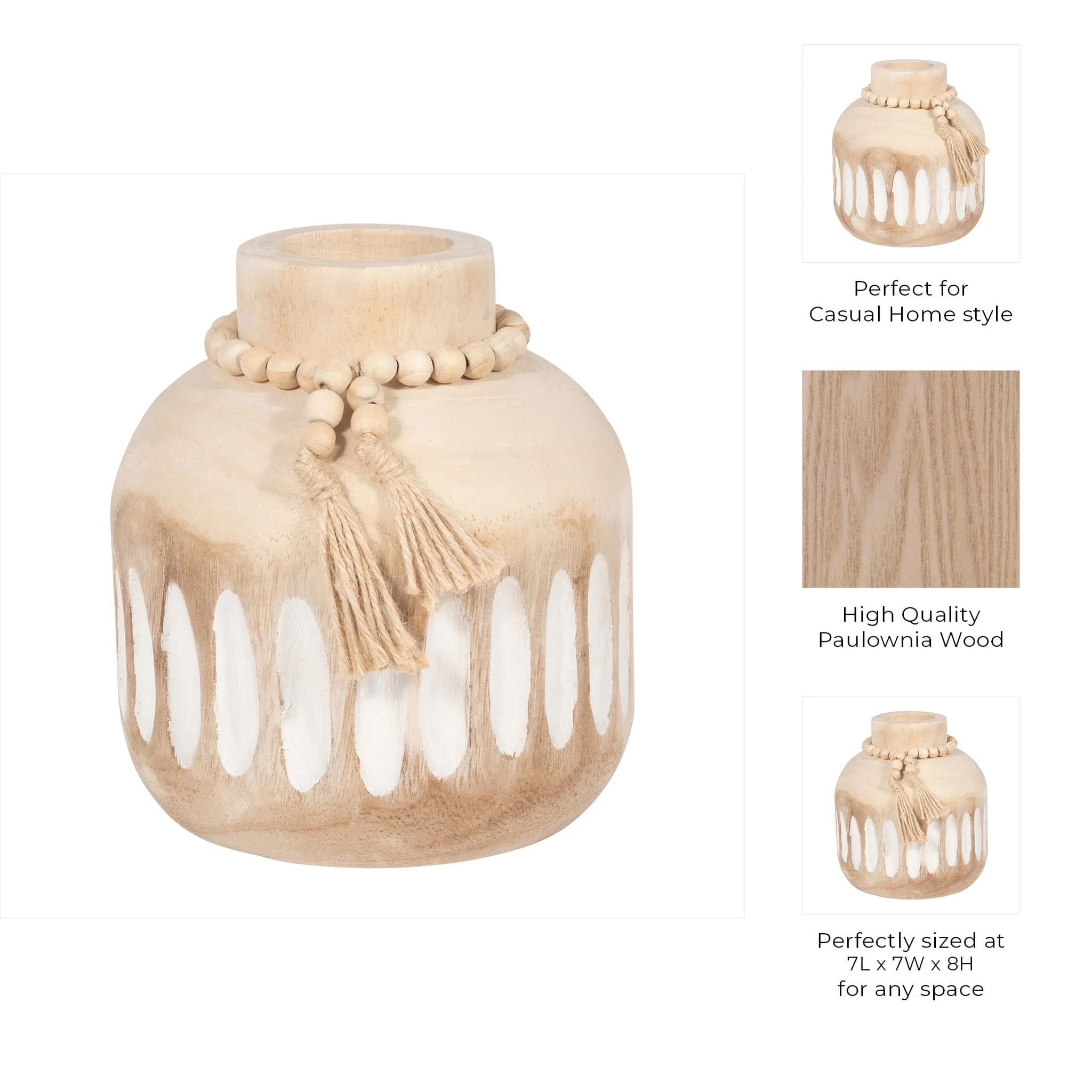 Wood, 8" Round Ridged Vase W/ Tassels, Natural - Image 9
