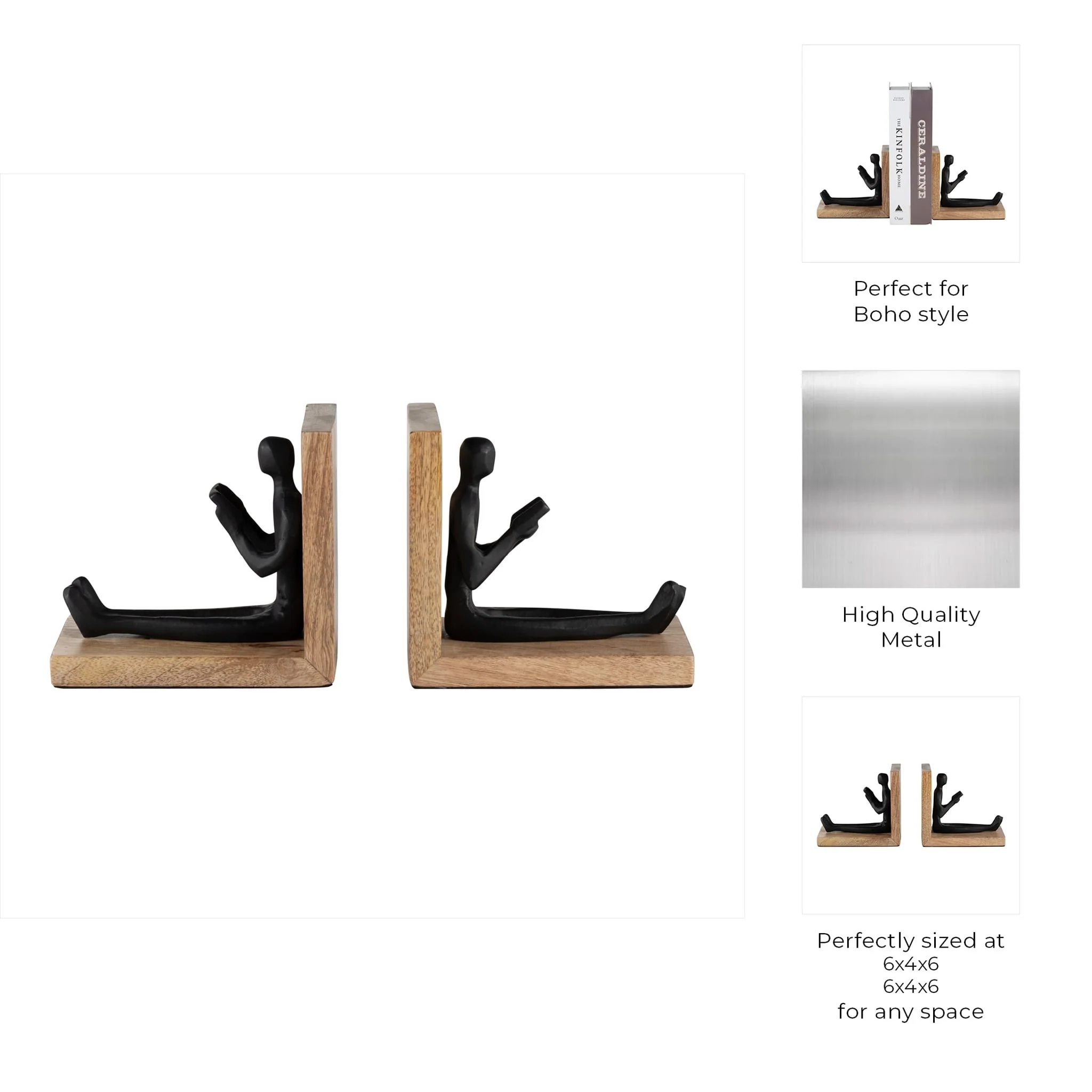 Wood, S/2 6" Man Reading Bookends, Brown/black - Image 8