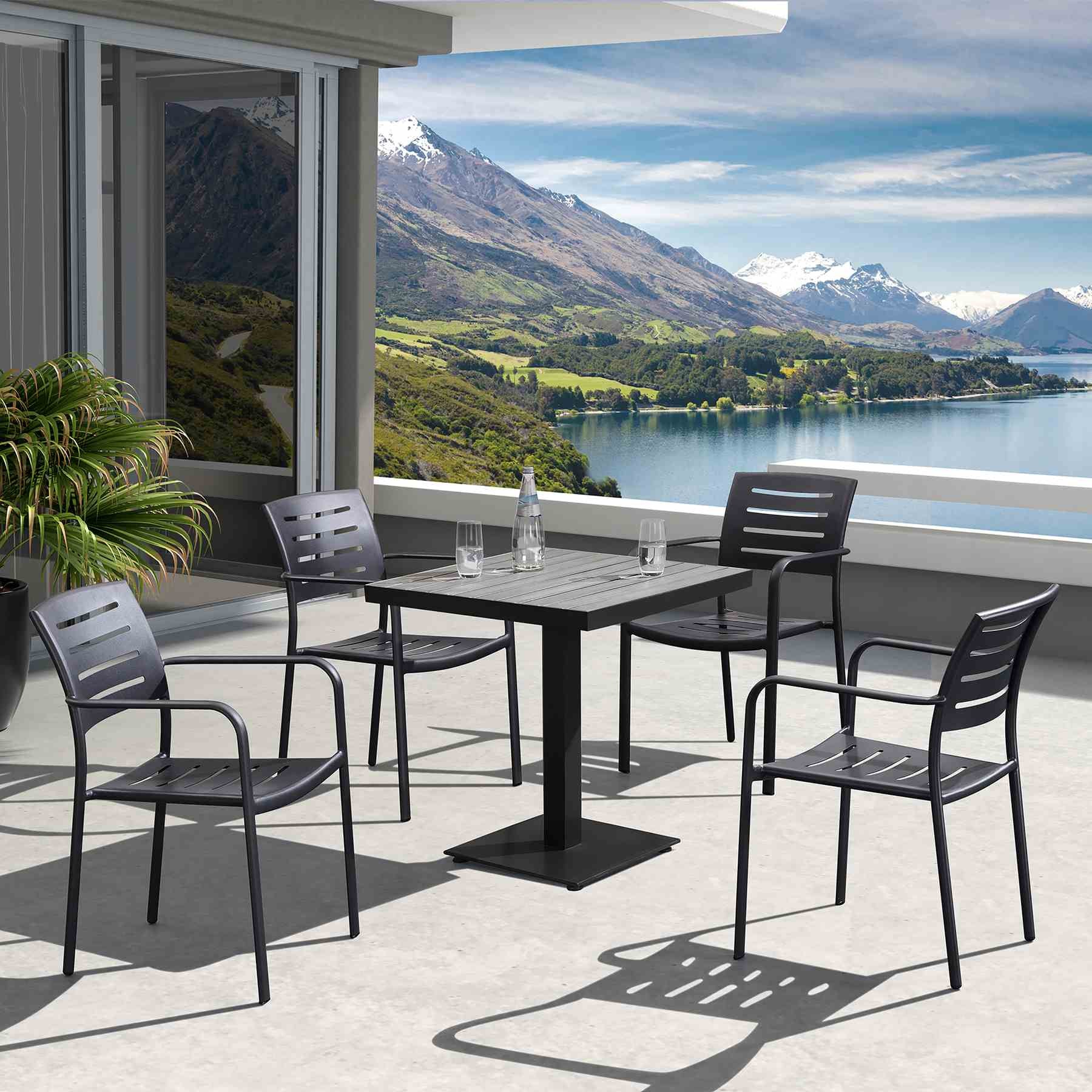 Zander Outdoor Patio Dining Table in Gray Finished Cast Aluminum with Wood Top - Image 2