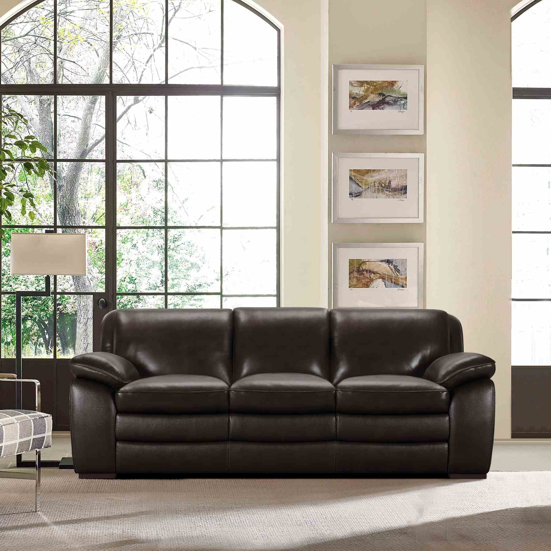 Zanna Contemporary Sofa in Genuine Dark Brown Leather with Brown Wood Legs - Image 6
