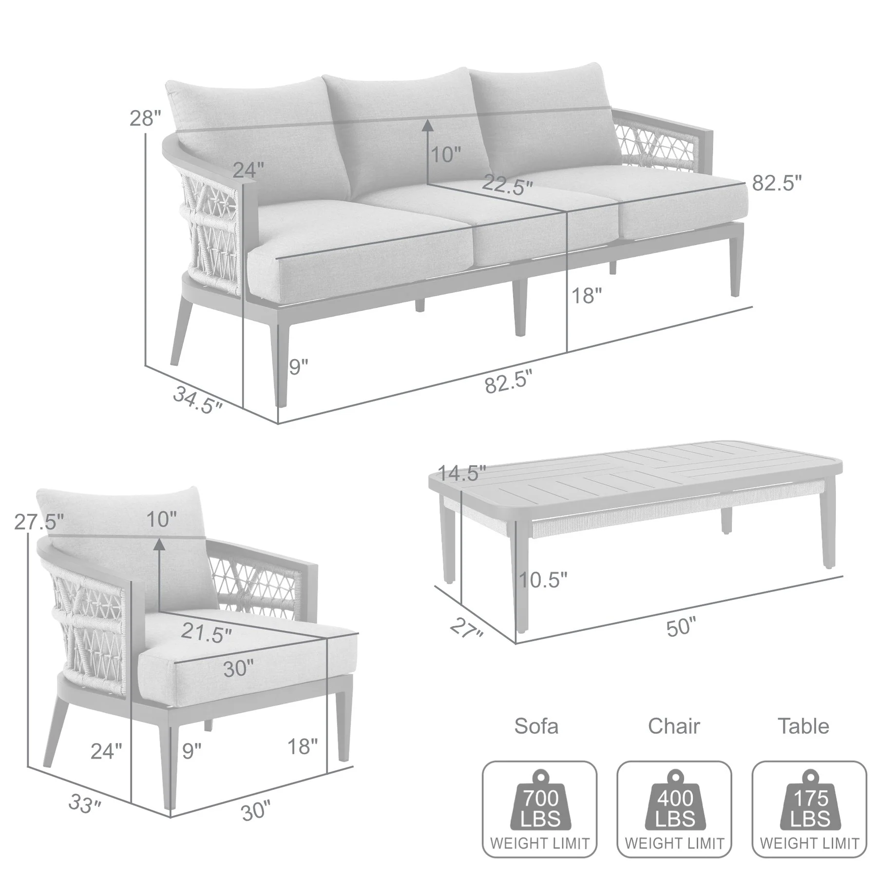Zella Outdoor Patio 4 Piece Conversation Set in Aluminum with Light Gray Rope and Cushions - Image 11