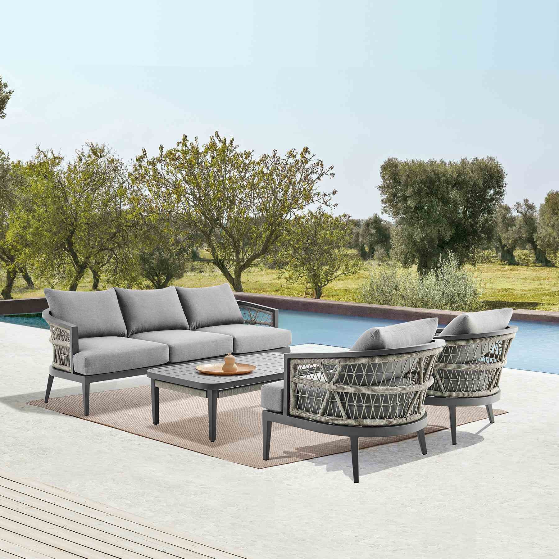 Zella Outdoor Patio Armchair in Aluminum with Light Gray Rope and Earl Gray Cushions - Image 11