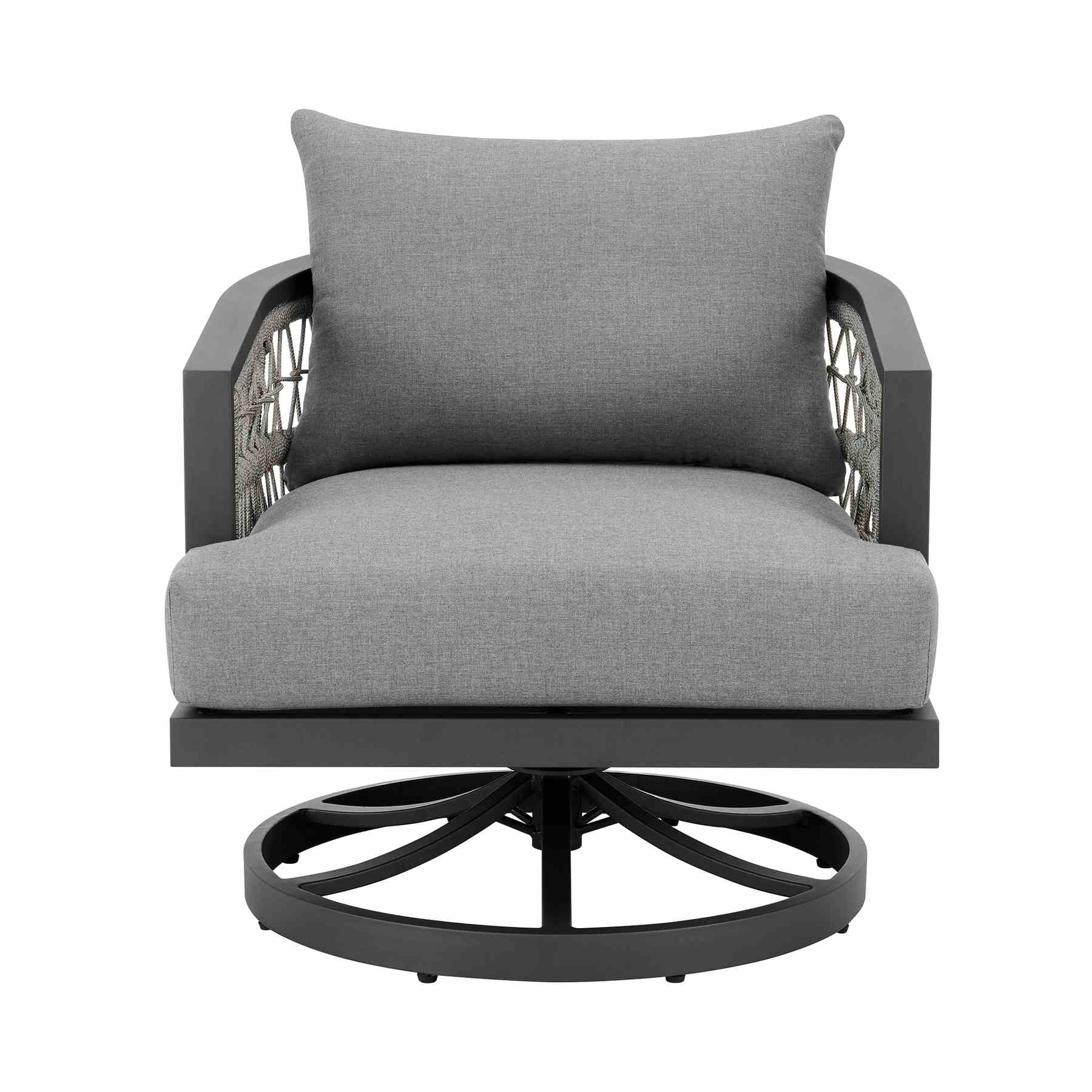 Zella Outdoor Patio Swivel Armchair in Aluminum with Light Gray Rope and Earl Gray Cushions - Image 2