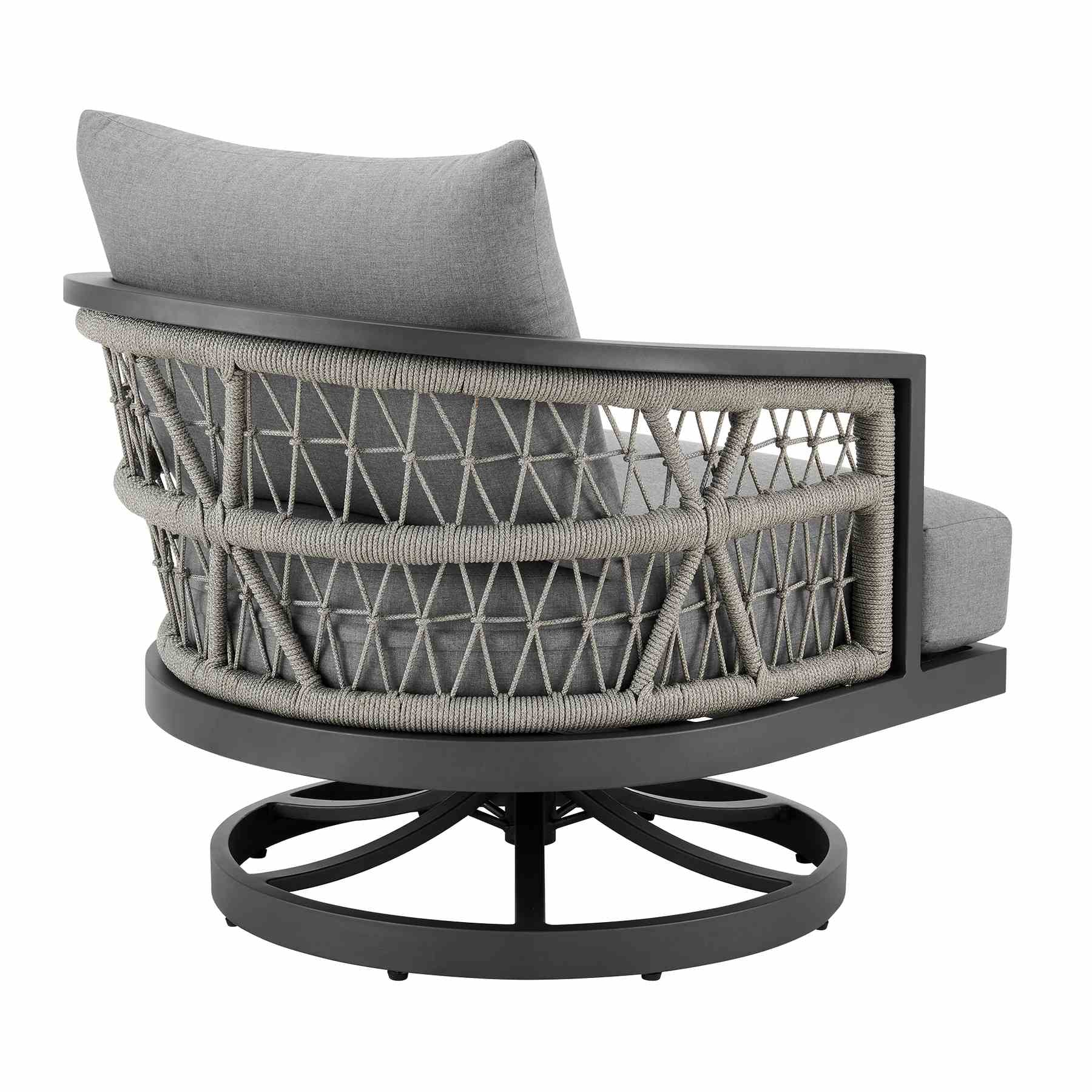 Zella Outdoor Patio Swivel Armchair in Aluminum with Light Gray Rope and Earl Gray Cushions - Image 3