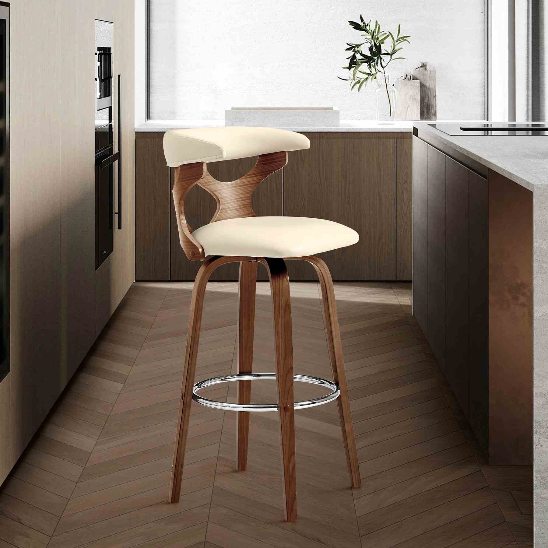 Zenia 26" Swivel Counter Stool in Cream Faux Leather and Walnut Wood - Image 9