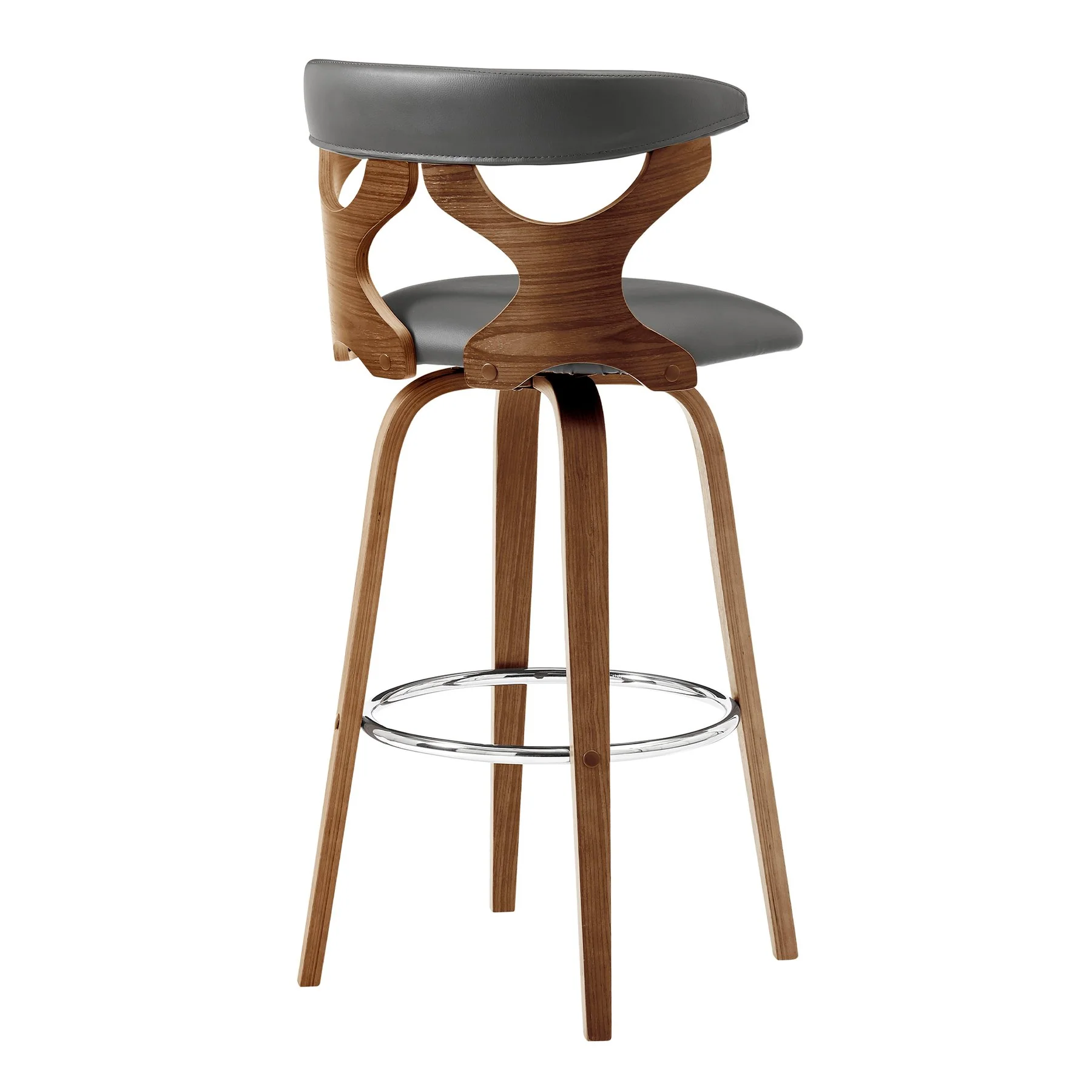 Zenia 26" Swivel Counter Stool in Gray Faux Leather and Walnut Wood - Image 4